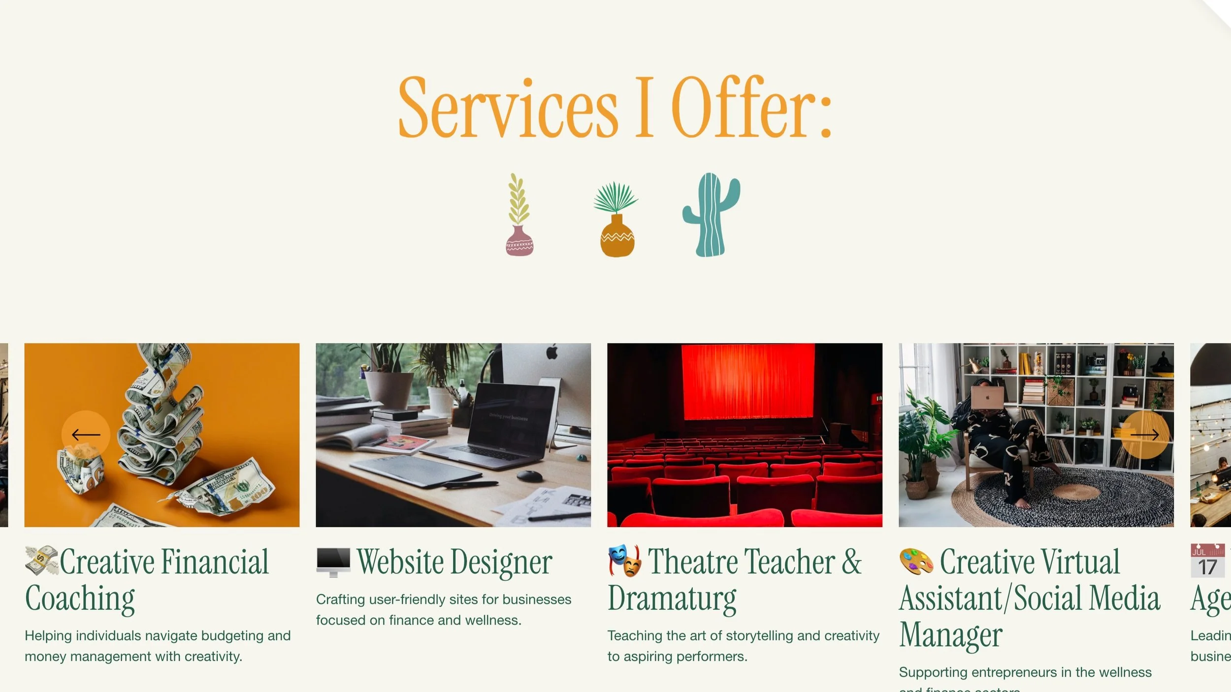 Image showing various offered services including Financial Coaching, Website Design, Theatre Teaching, and Virtual Assistance with corresponding images: