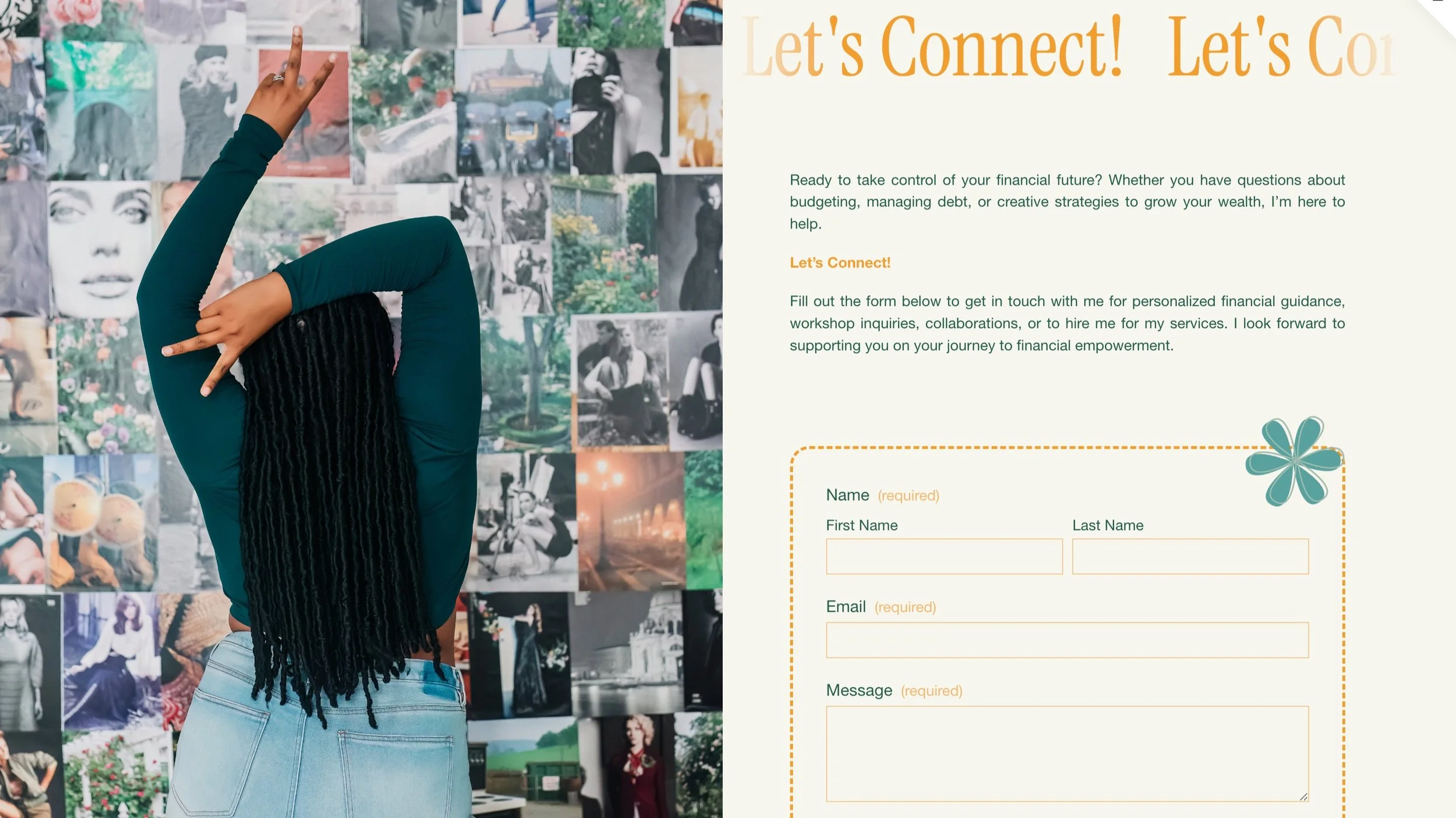 A person with long, black, curly hair stands with their back to the camera, making a peace sign with their left hand above their head. They are in front of a collage of various black-and-white and color photographs on a wall.