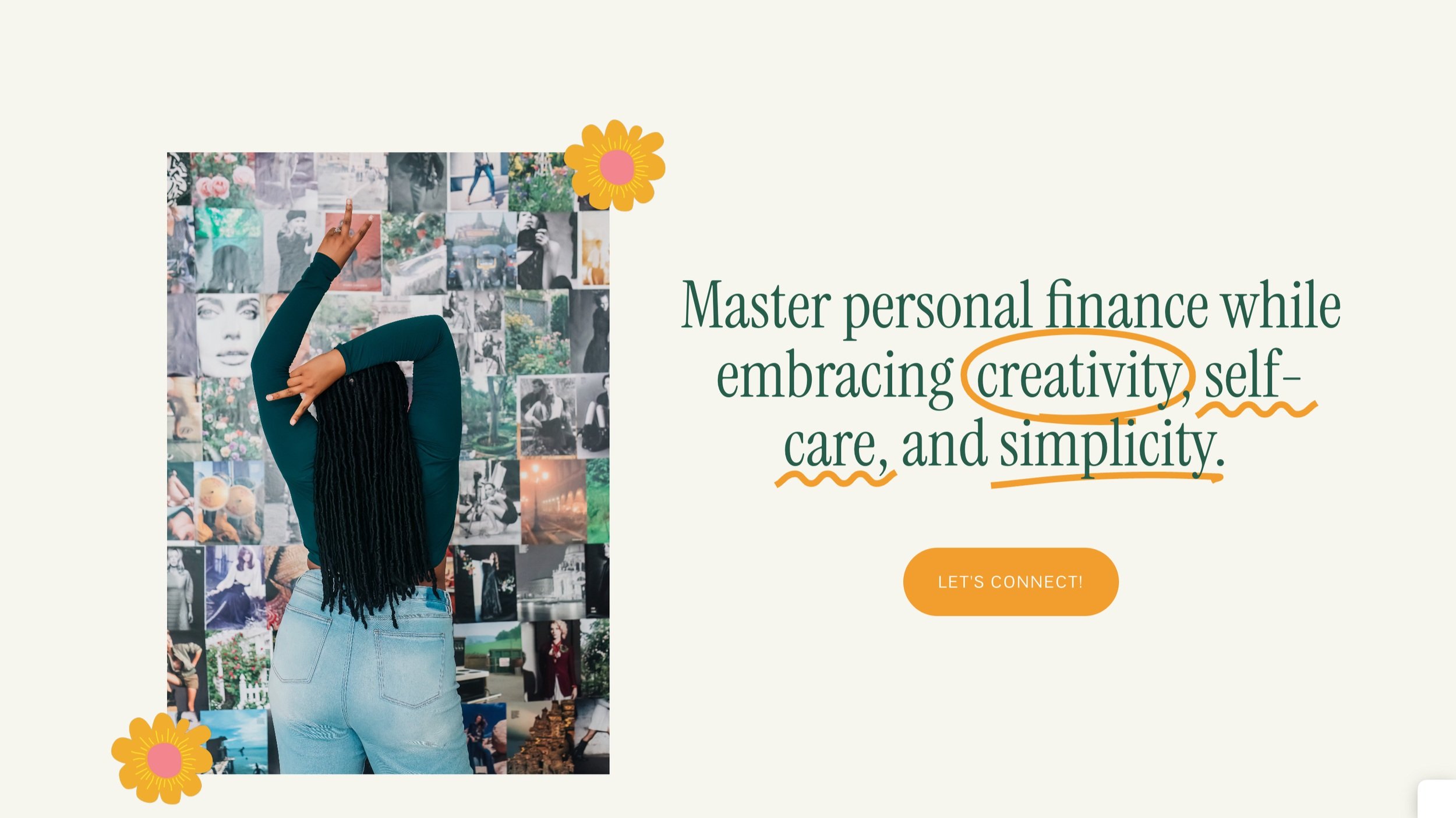 A woman with long braids facing a wall of photos, with her arm raised, as part of a promotional graphic for mastering personal finance through creativity, self-care, and simplicity, with decorative flowers and a call-to-action button.
