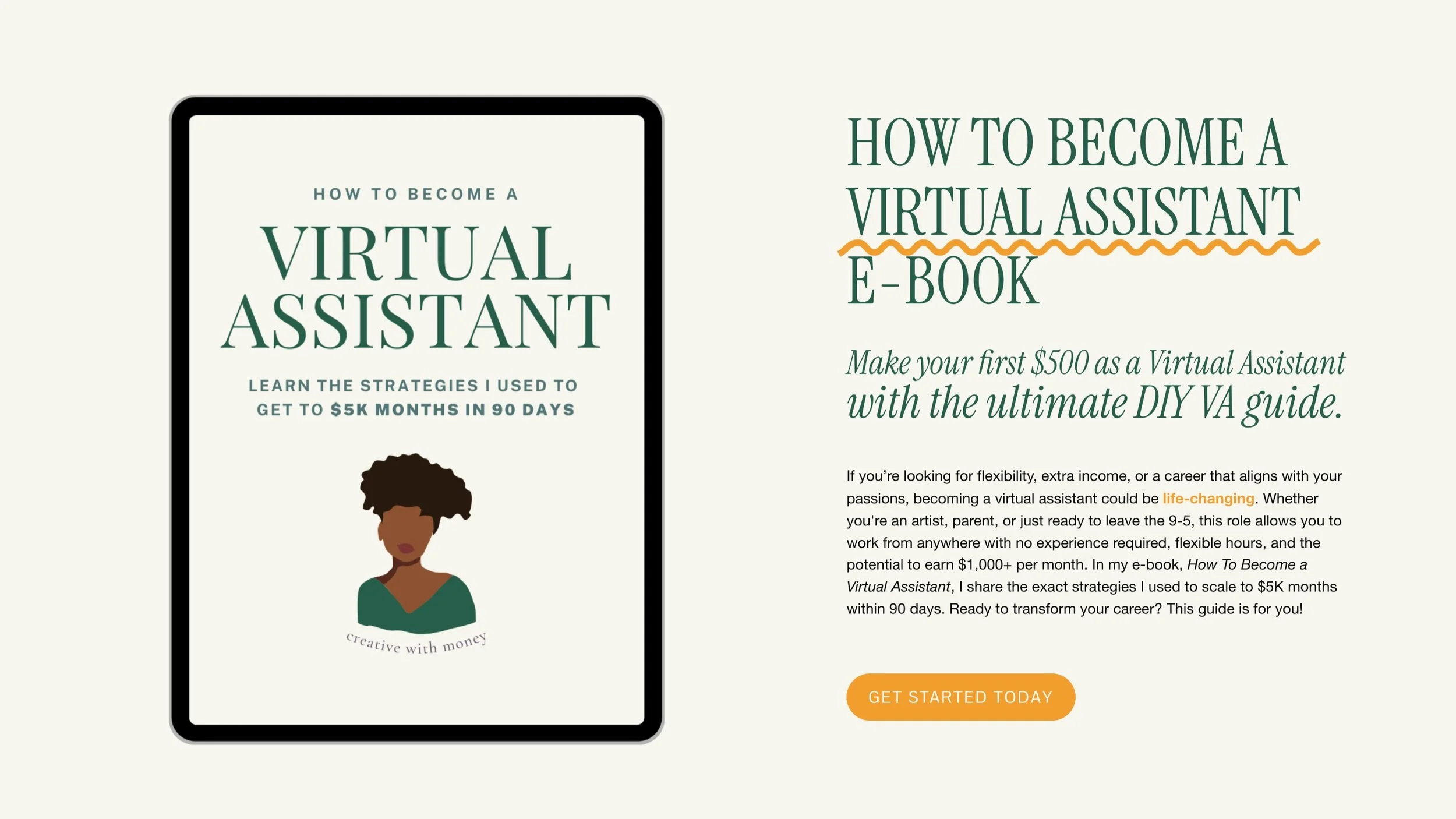 E-book cover titled 'How to Become a Virtual Assistant' featuring an illustration of a woman with curly hair, and an accompanying promotional page with green and orange text, including a call-to-action button that says 'Get Started Today'.