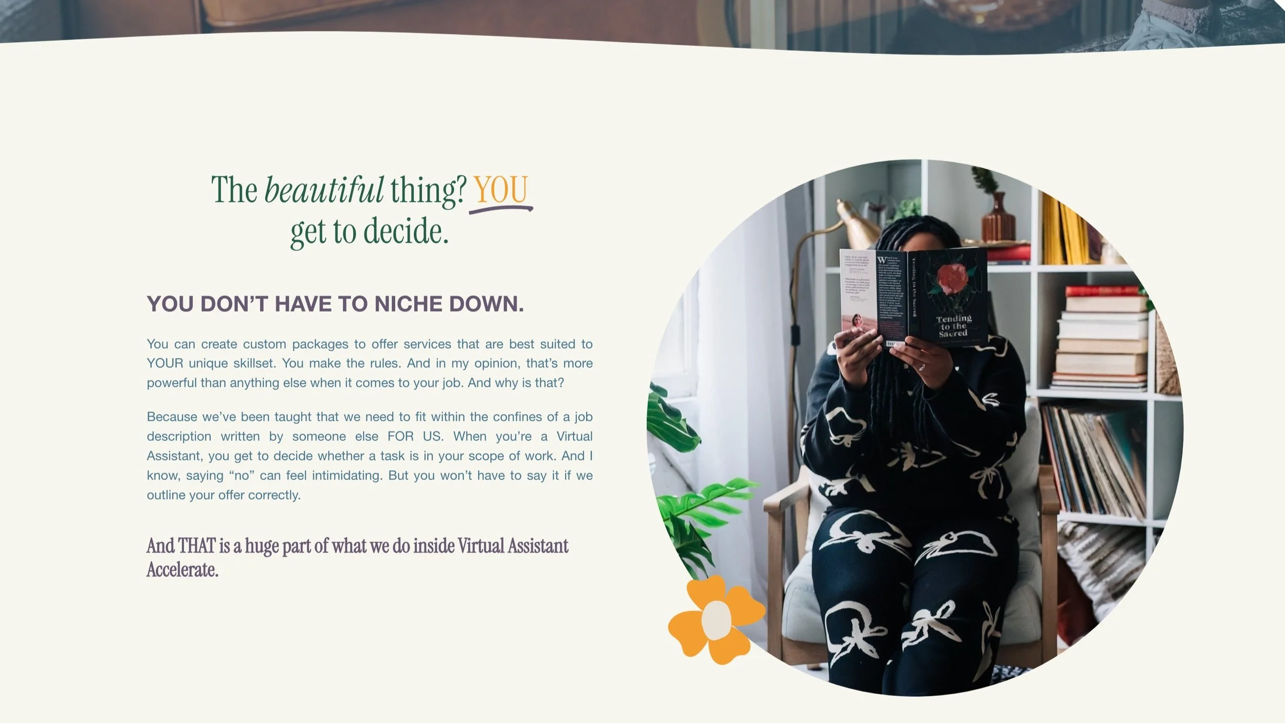 A woman reading a book in front of white bookshelf filled with books and decorative items, sitting in a room with a modern lamp and congressional window. The photo is partially inside a circular frame with plant and flower illustrations.