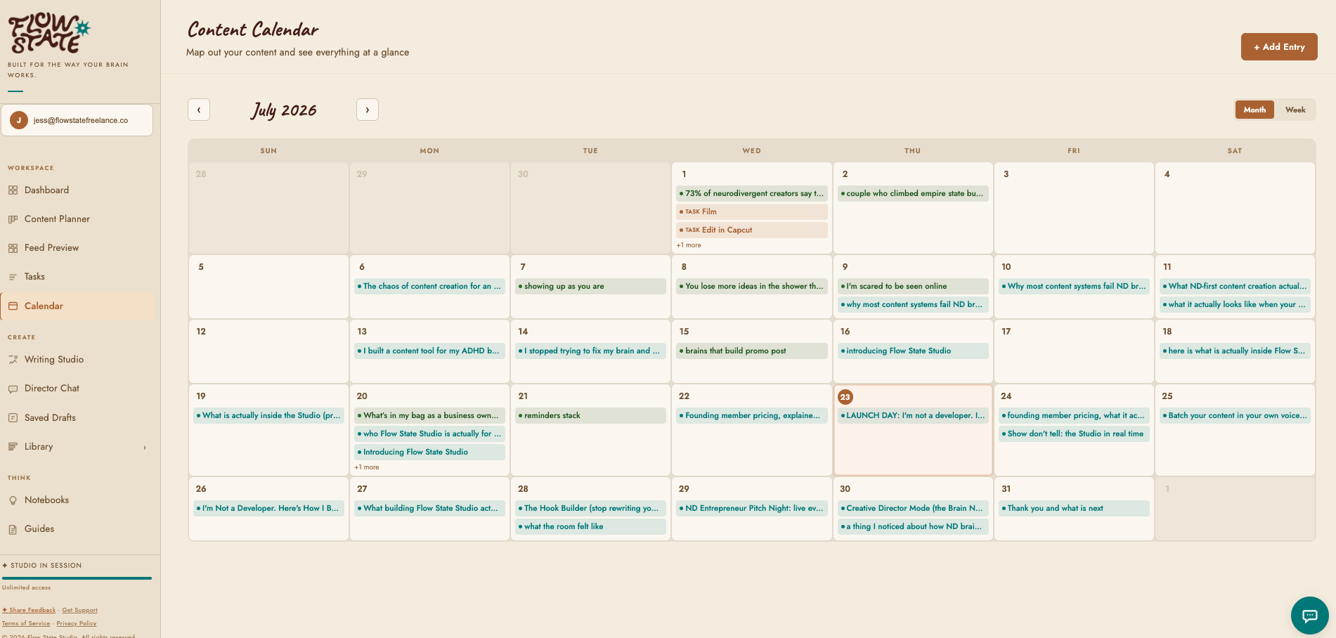 Content calendar for July 2026 showing scheduled tasks and events, with navigation options and sidebar menu for workspace and creation tools.