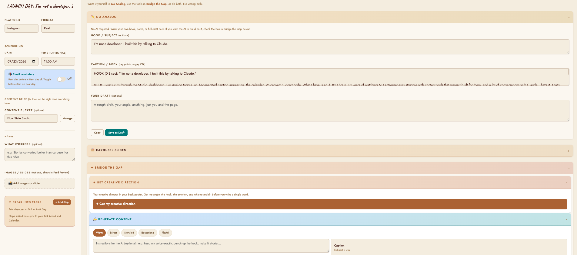 Screenshot of a web page for creating a social media post using the Go Analog tool. The interface includes options for platform, format, scheduling, draft, content brief, content bucket, images, tasks, and content generation.