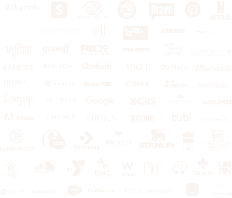A collage of various logos from brands and media outlets, including Bumble, Netflix, Fox29 Philadelphia, Vogue, CBS, Google, Adobe, and others.