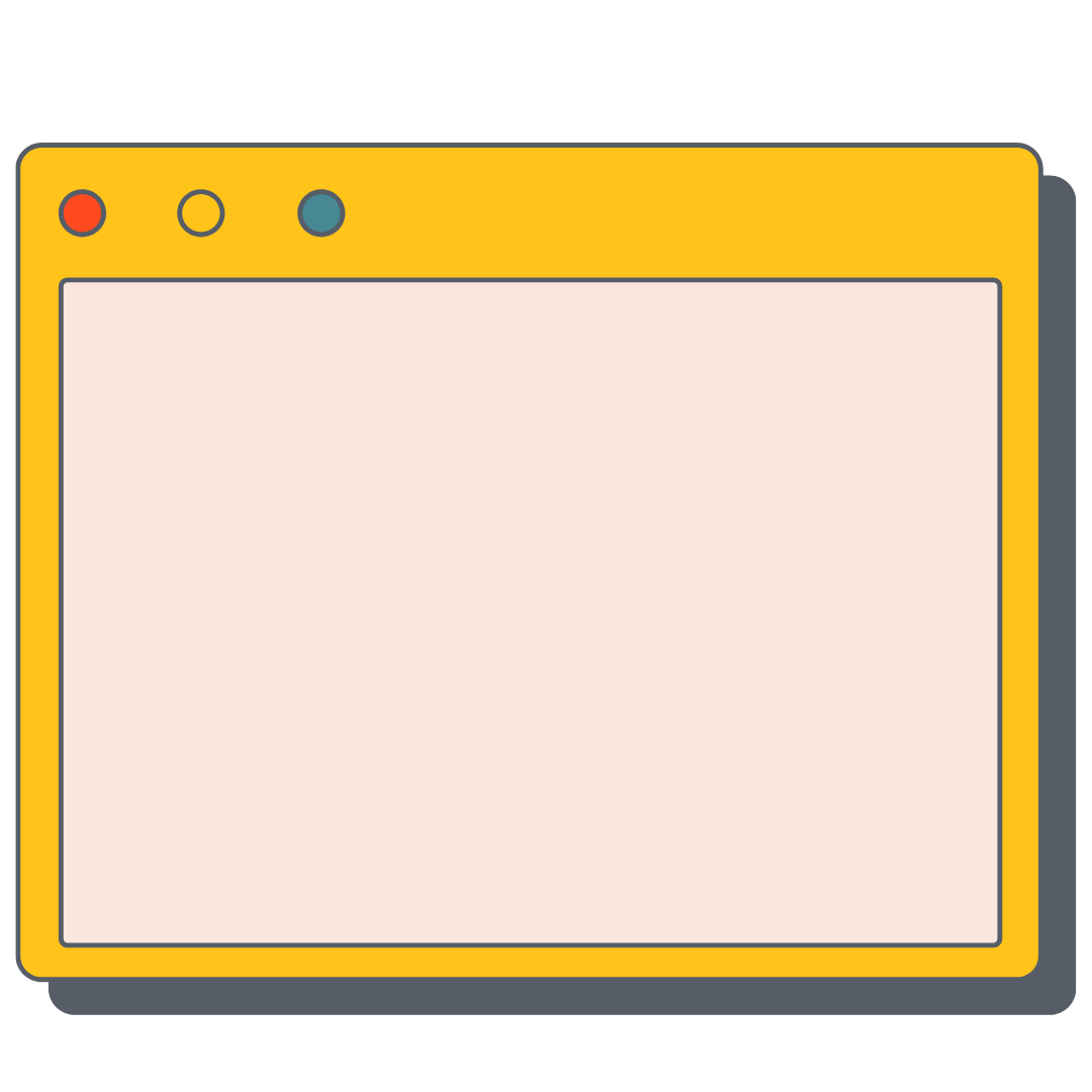 Illustration of a computer window with a yellow frame and three colored circles at the top left corner. The window is empty with a light pink background.