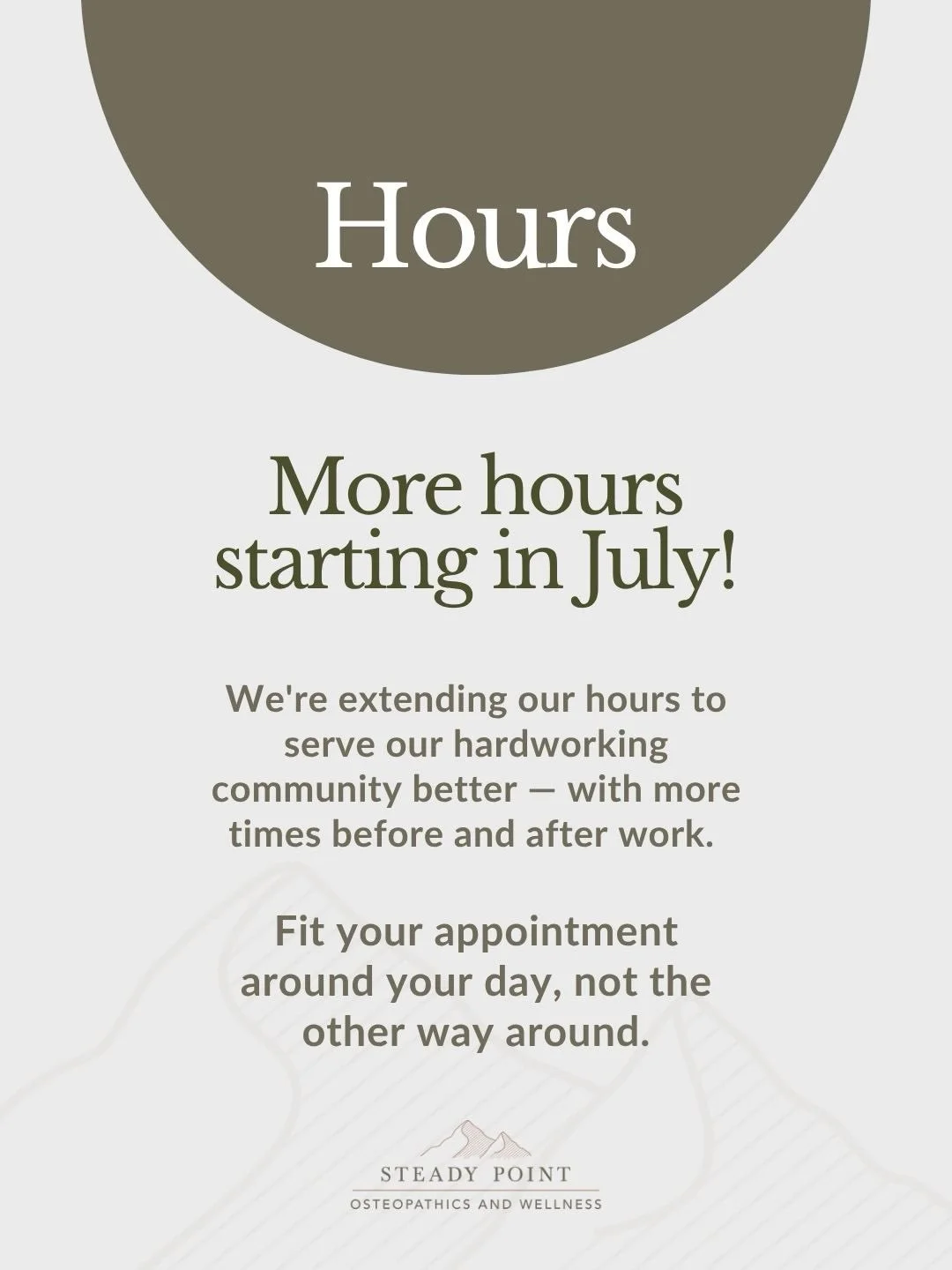 Big news, Dunnville &mdash; we&rsquo;re extending our hours starting in July. 🙌

We know life is busy, and fitting an appointment between 9 and 5 isn&rsquo;t always realistic. So we&rsquo;ve opened up earlier mornings and later evenings to make your