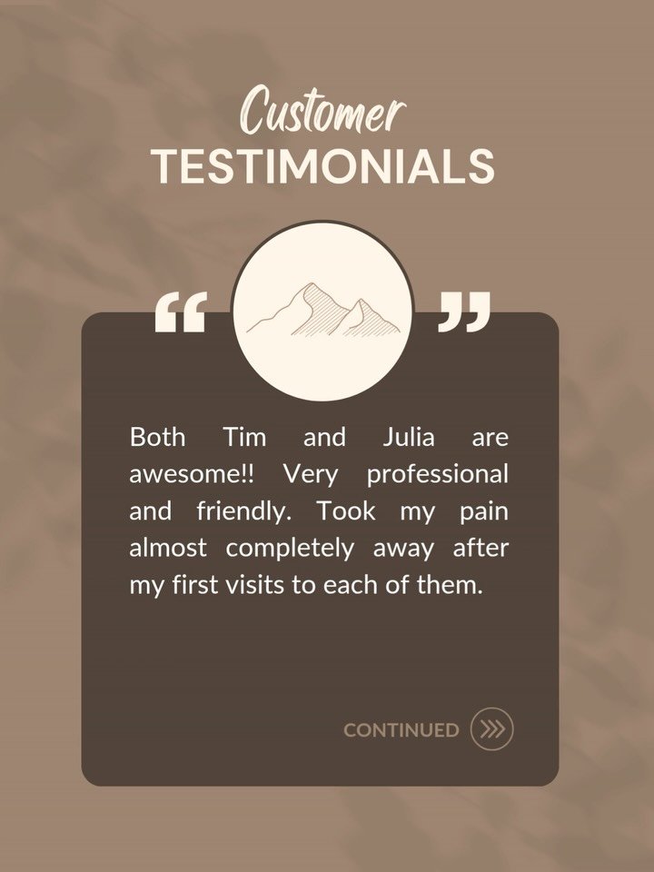 This is why we do what we do. 🙌

Real results. Real people. First visits.

If you&rsquo;ve been living with pain long enough that it just feels normal &mdash; it doesn&rsquo;t have to. Tim, Julia, and Hannah are here to help you get back to feeling 