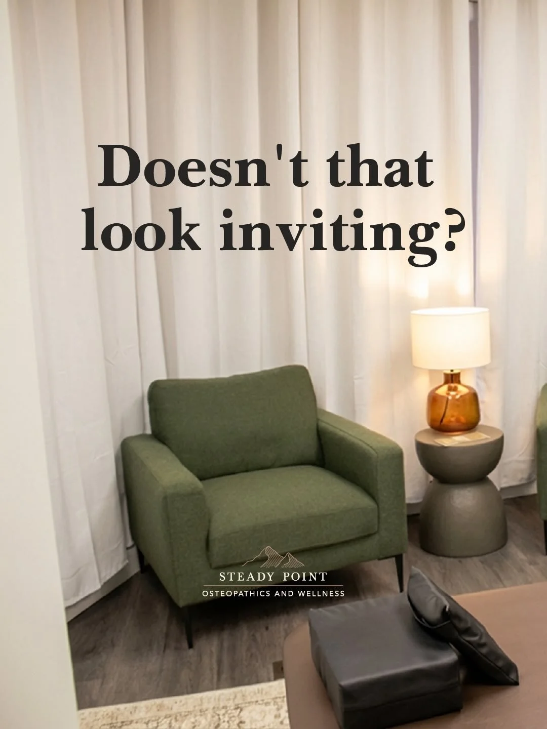 This is where your appointment happens. That chair is waiting for you. So is the table.

At Steady Point, we believe the space matters as much as the work. Come in, sit down, and tell us what&rsquo;s going on. We&rsquo;ll take it from there.

Osteopa