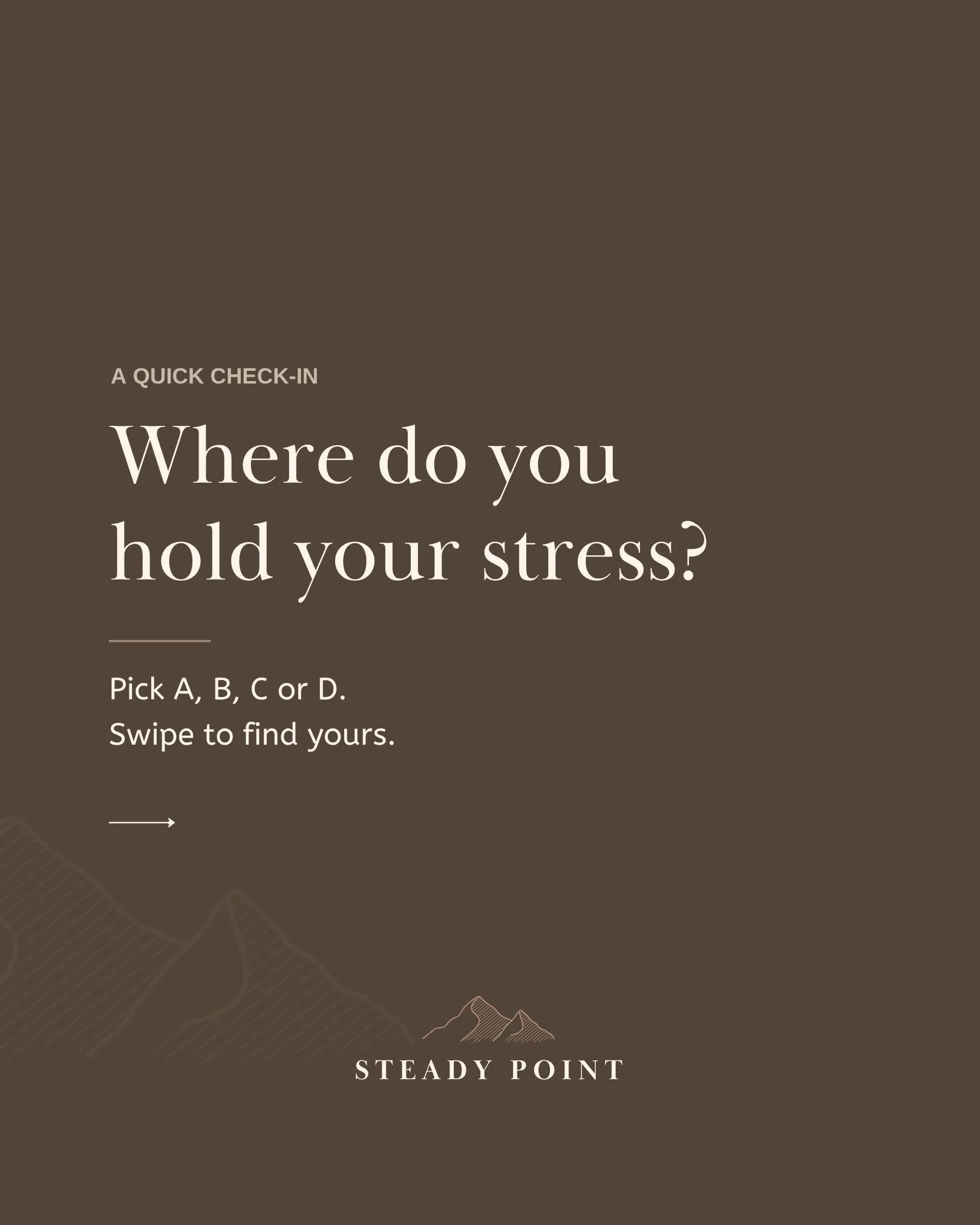 Quick check-in: where does your stress settle? 🏔️

A &mdash; your jaw
B &mdash; shoulders &amp; neck
C &mdash; lower back
D &mdash; somewhere else (tell us where!)

Comment your letter below and Julia, our RMT, will reply with a tip for that spot. I