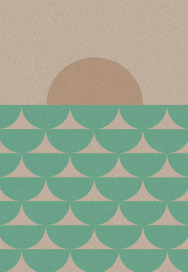 Ilustración de un sol en el horizonte con formas de olas en el mar.