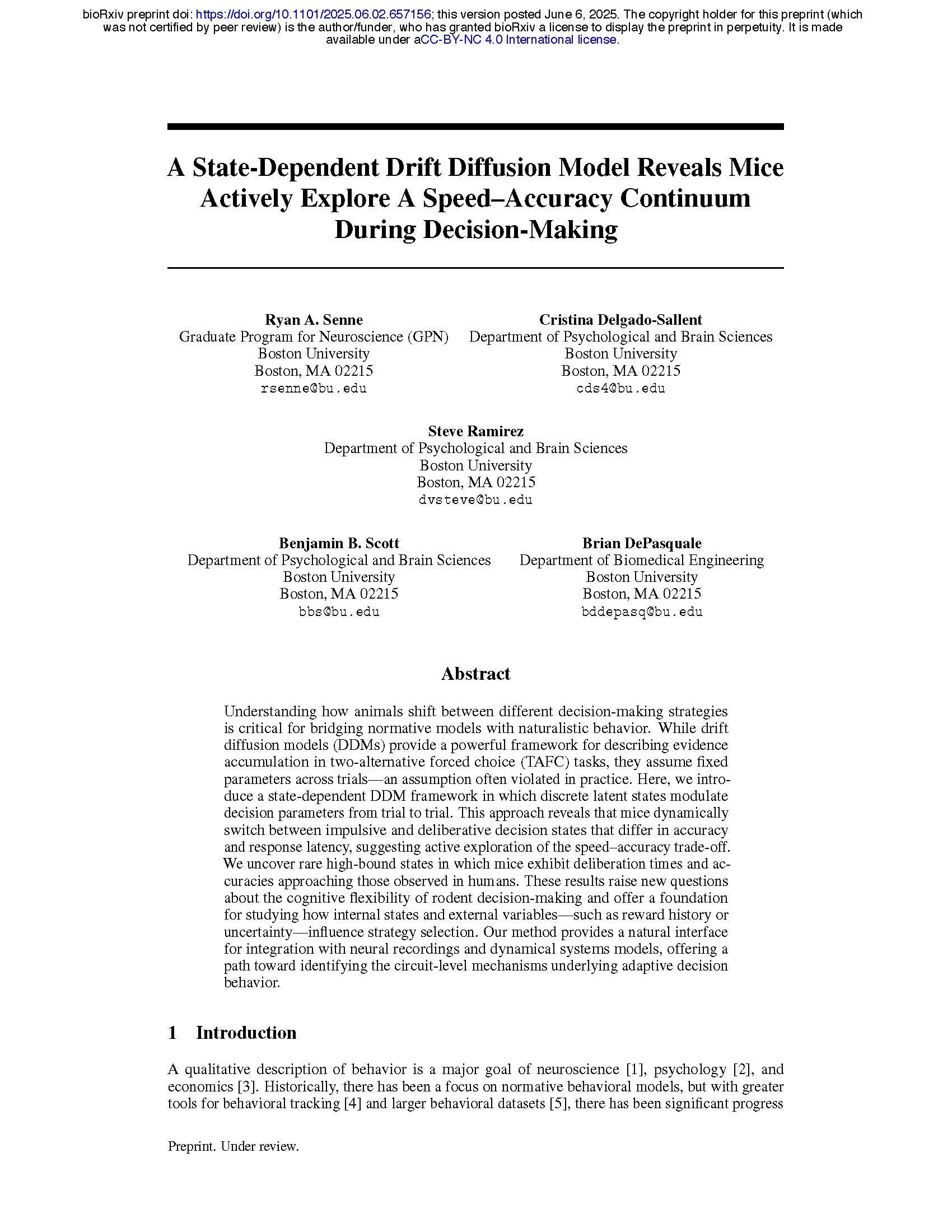 A State-Dependent Drift Diffusion Model Reveals Mice Actively Explore A Speed–Accuracy Continuum During Decision-Making