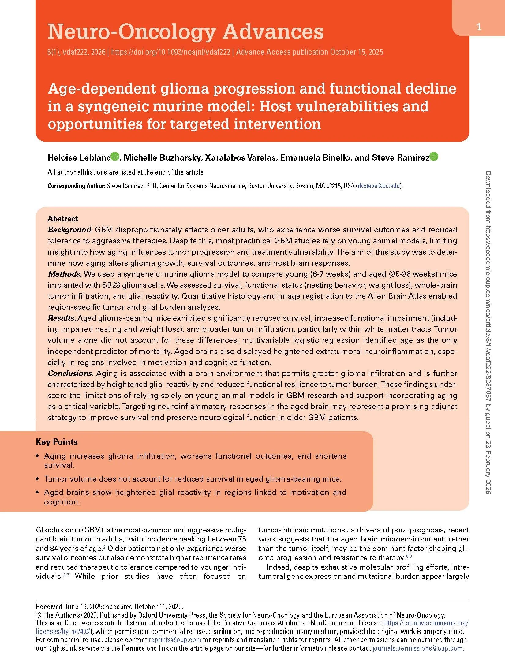 Age-Dependent Glioma Progression And Functional Decline In A Syngeneic Murine Model: Host Vulnerabilities And Opportunities For Targeted Intervention