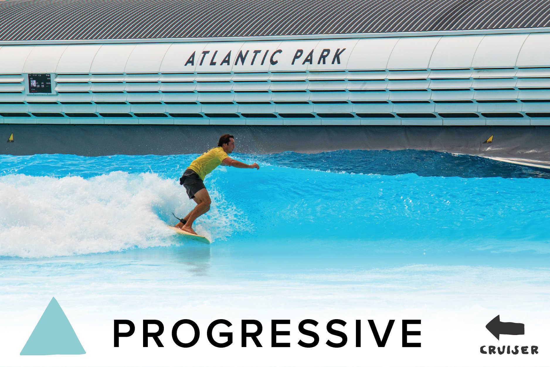 A person surfing on bright blue water with a large modern structure labeled Atlantic Park in the background.