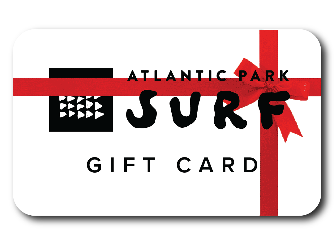 Gift card for Atlantic Park Surf with a red ribbon and bow on a white background.