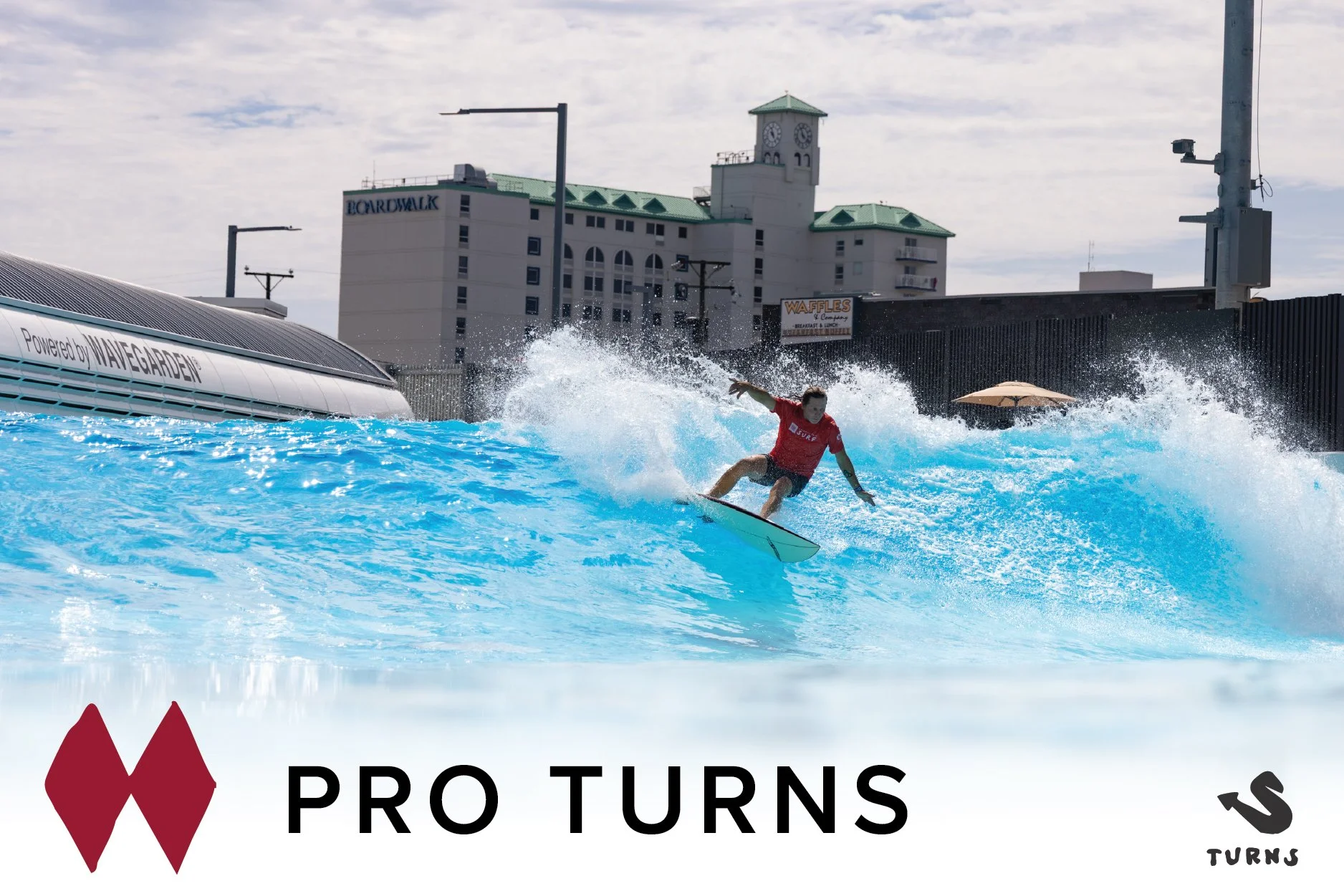 A person in a wetsuit surfing on a wave with a building in the background, promotional text overlaid reading "WINTER WARRIOR" and "LIMITED TIME ONLY".