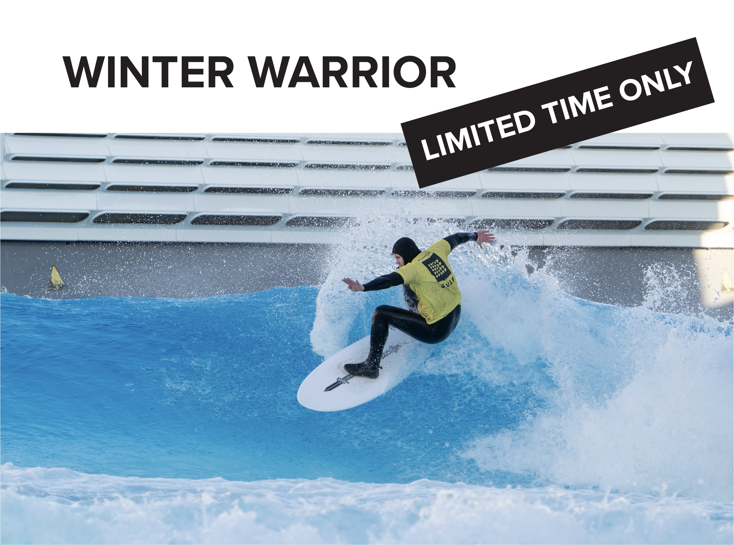 A surfer riding a wave with a large ship in the background, advertising 'Winter Warrior' limited-time event.