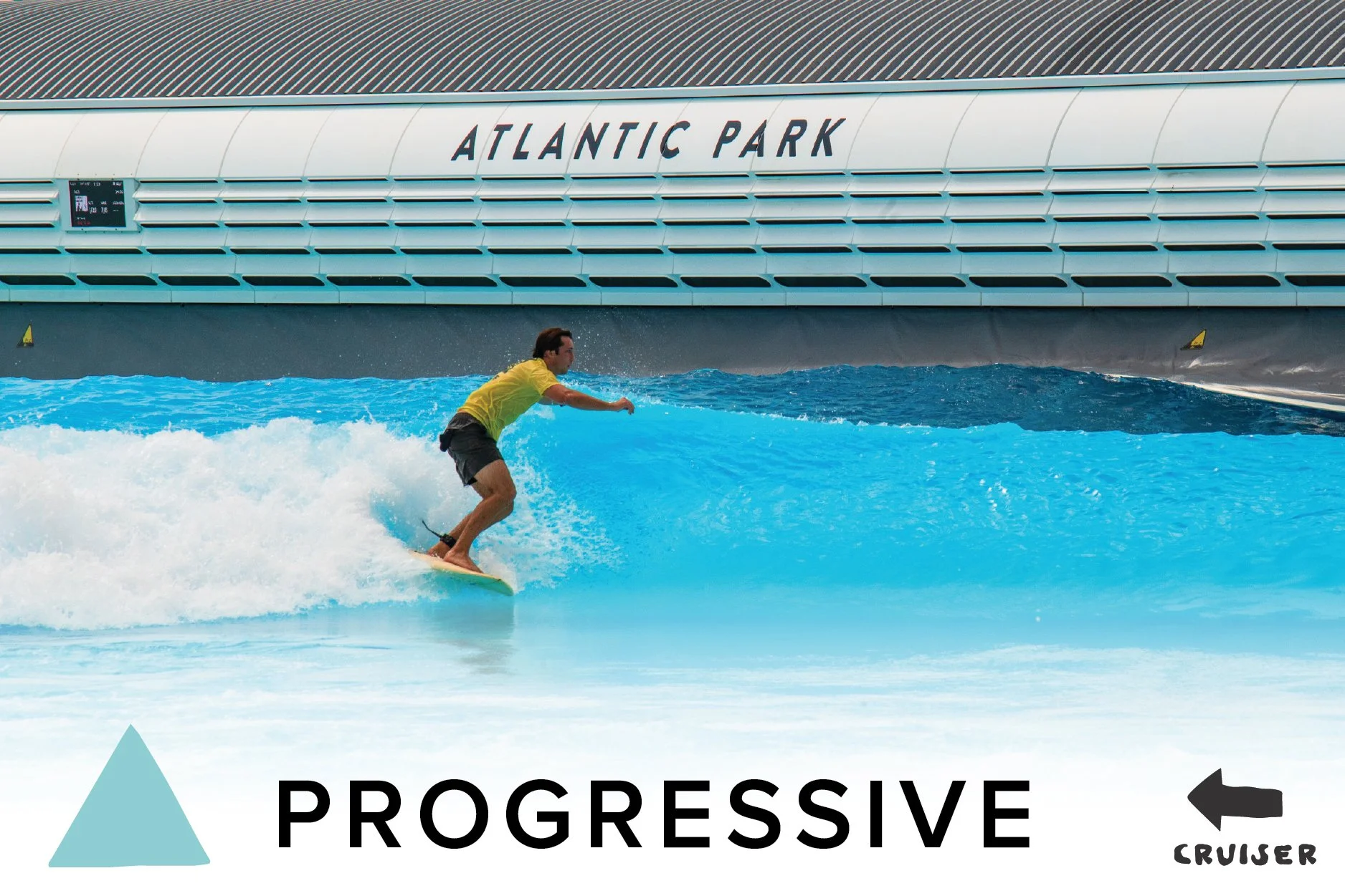 Person surfing in a wave at Atlantic Park with a large modern structure labeled Atlantic Park in the background.