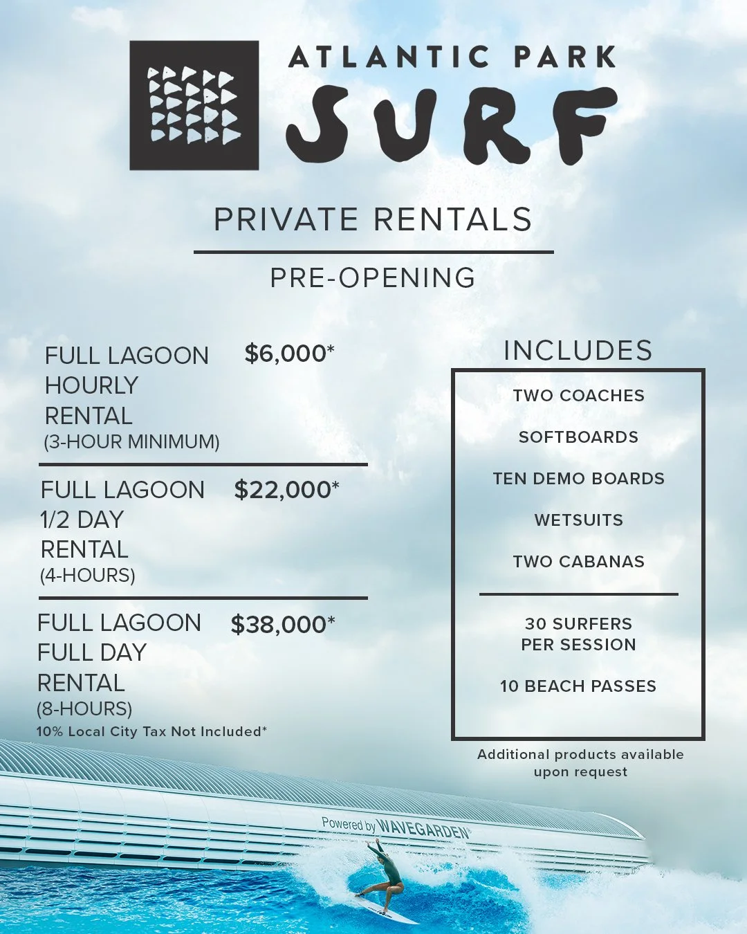 Poster advertising private surf rental at Atlantic Park Surf, including rates for full lagoon hourly, half-day, and full-day rentals with details of included equipment like coaches, softboards, demo boards, wetsuits, cabanas, and additional products, with a background image of a person surfing near a wave under a cloudy sky.
