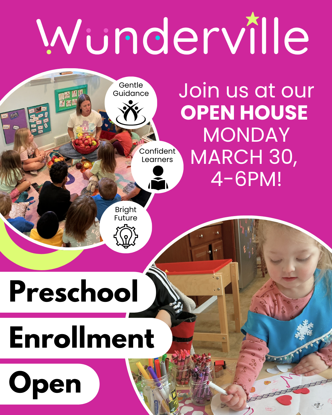 Flyer for an open house at a preschool named Underville, scheduled for Monday, March 30, from 4 to 6 PM. The flyer features images of children in preschool activities and icons representing guidance, confident learners, and a bright future.