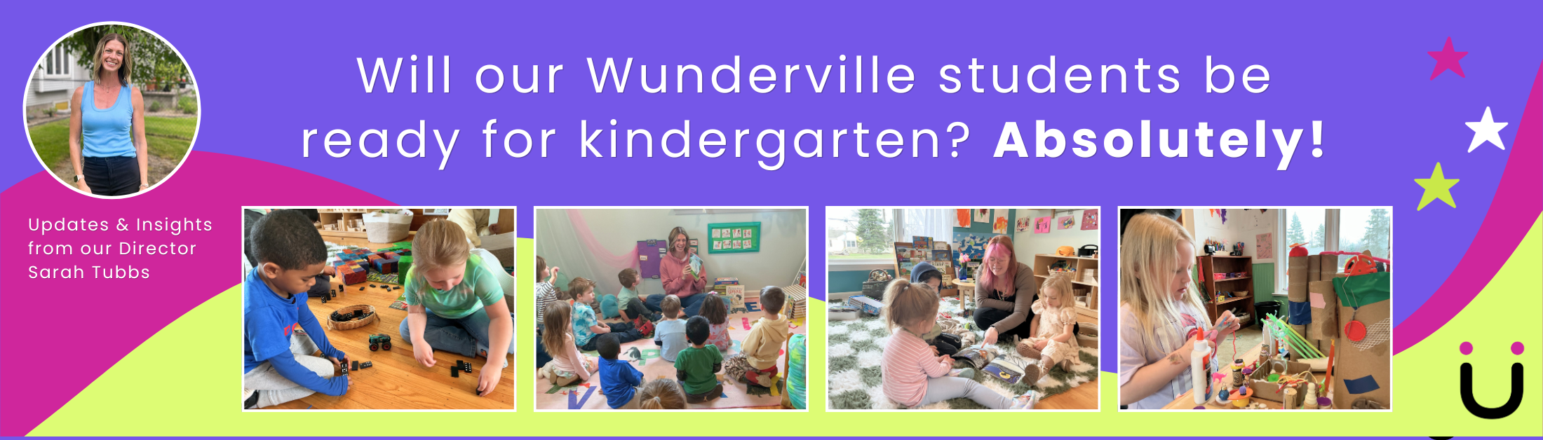 A colorful banner with the text 'Will our Wunderville students be ready for kindergarten? Absolutely!' and four photos of children engaging in different activities in a classroom or playroom.