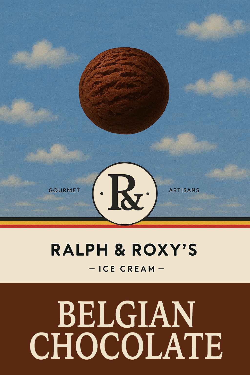 Packaging design for Ralph & Roxy's Belgian Chocolate ice cream, featuring a floating chocolate sphere against a sky with clouds.