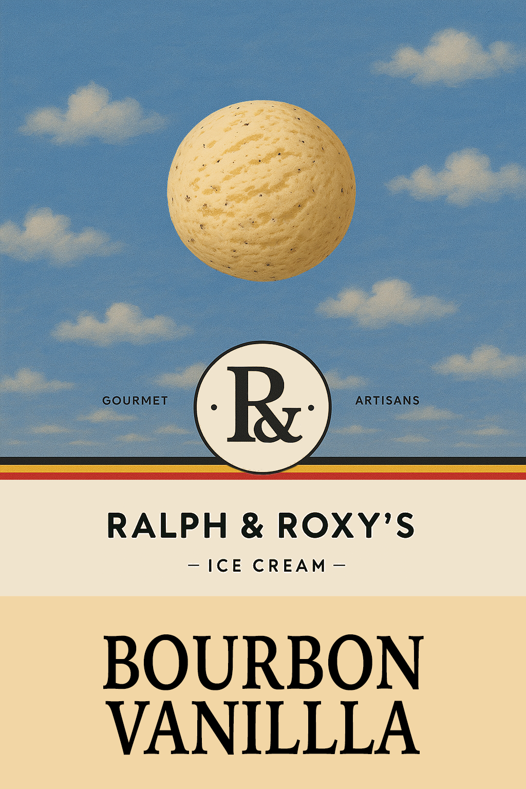 Ice cream packaging labeled 'Ralph & Roxy's Bourbon Vanilla' with a background of a blue sky and clouds, featuring a large cookie at the top.