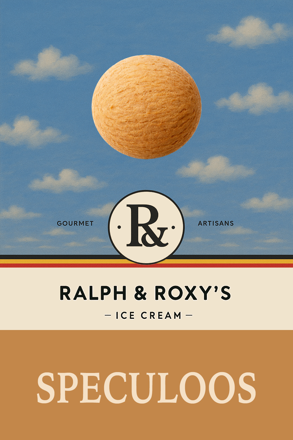 Ice cream packaging with a large speckled ice cream scoop on a cloud-filled blue sky background, featuring a Ralph & Roxy's logo and the word 'Spekuloos'.