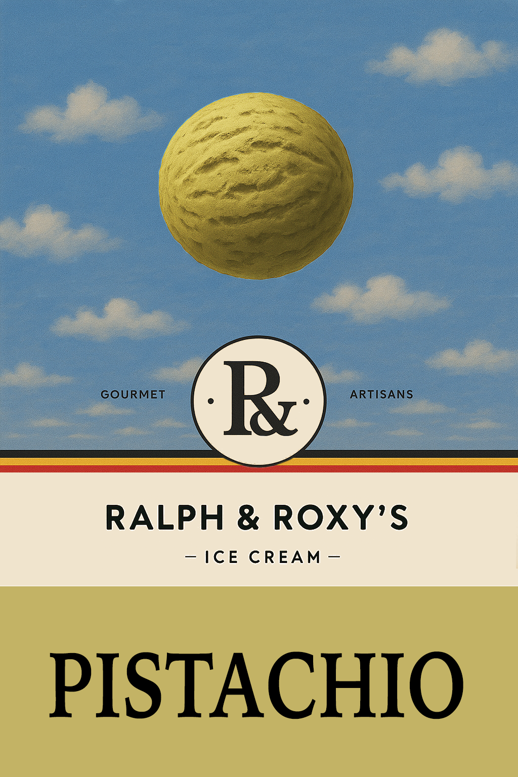 Ice cream packaging for Ralph & Roxy's Pistachio flavor, featuring a blue sky with clouds and a pistachio nut illustration.