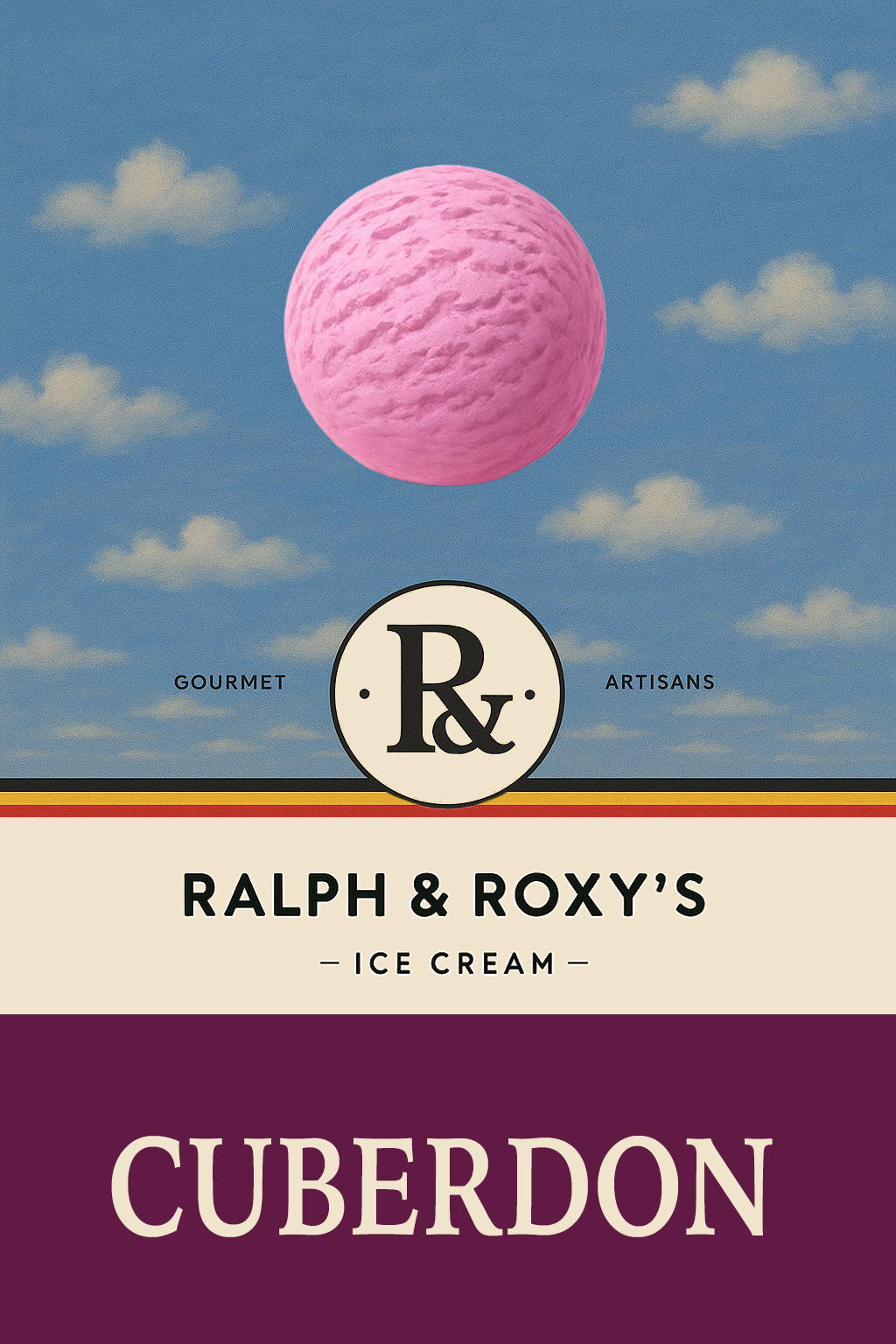 Packaging label for Ralph & Roxy’s ice cream with a pink ice cream scoop illustration, sky with clouds background, and the flavor name 'Cuberdon' at the bottom.