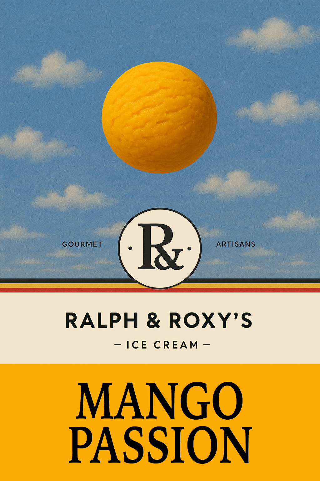 Ice cream packaging from Ralph & Roxy's featuring a lemon and a blue sky with clouds, with the flavor 'Mango Passion' indicated.