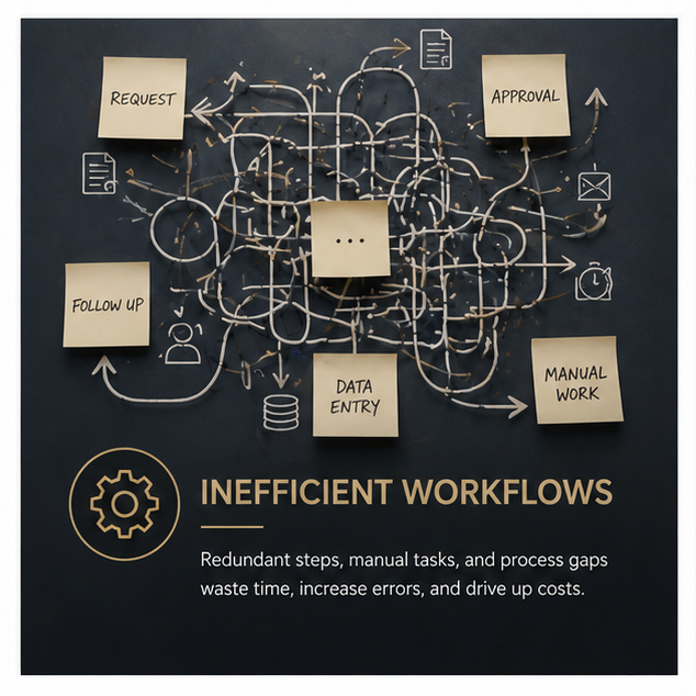 Flowchart on a blackboard illustrating inefficient workflows with sticky notes labeled Request, Approval, Follow Up, Data Entry, Manual Work, and an unfinished central note, surrounded by chaotic arrows and symbols.