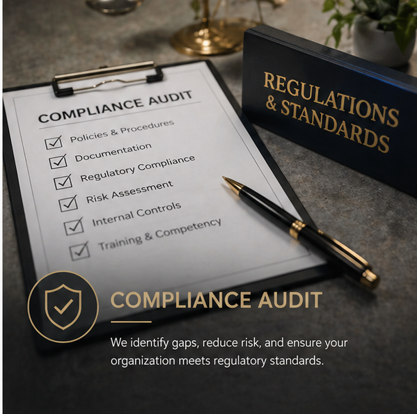 A clipboard with a document titled 'Compliance Audit' listing policies and procedures, documentation, regulatory compliance, risk assessment, internal controls, training and competency, with checkmarks next to each. A black pen rests on the clipboard. To the right, a book titled 'Regulations & Standards' and a potted plant are visible. A circular icon with a shield and checkmark is below the clipboard, along with the text 'Compliance Audit' and a brief description about identifying gaps, reducing risk, and meeting regulatory standards.
