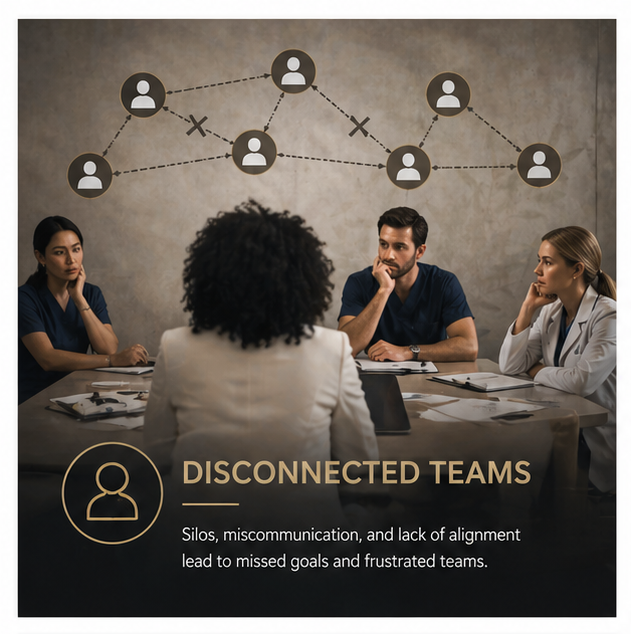 A business meeting with four diverse team members seated at a table, discussing a diagram of disconnected and misaligned team members on the wall behind them. Text overlay reads 'Disconnected Teams' with a description about how silos and miscommunication lead to missed goals and frustrated teams.