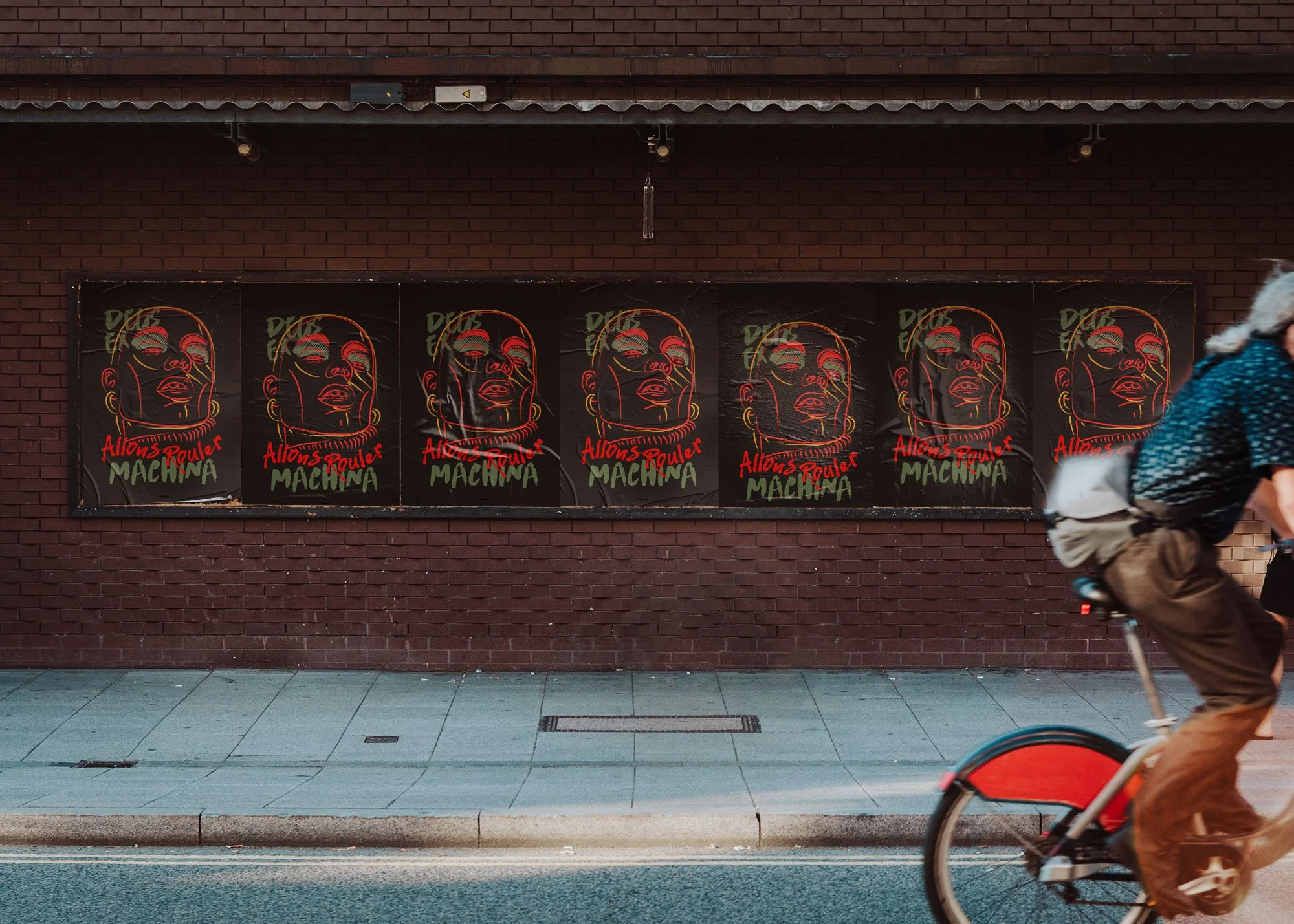 Vibrant street art posters, Urban brick wall design,  Colorful posters and graffiti,  Allons Rouler MACHINA artwork,  City life and street photography,  Creative urban design,  Graphic design inspiration,  Public art installations