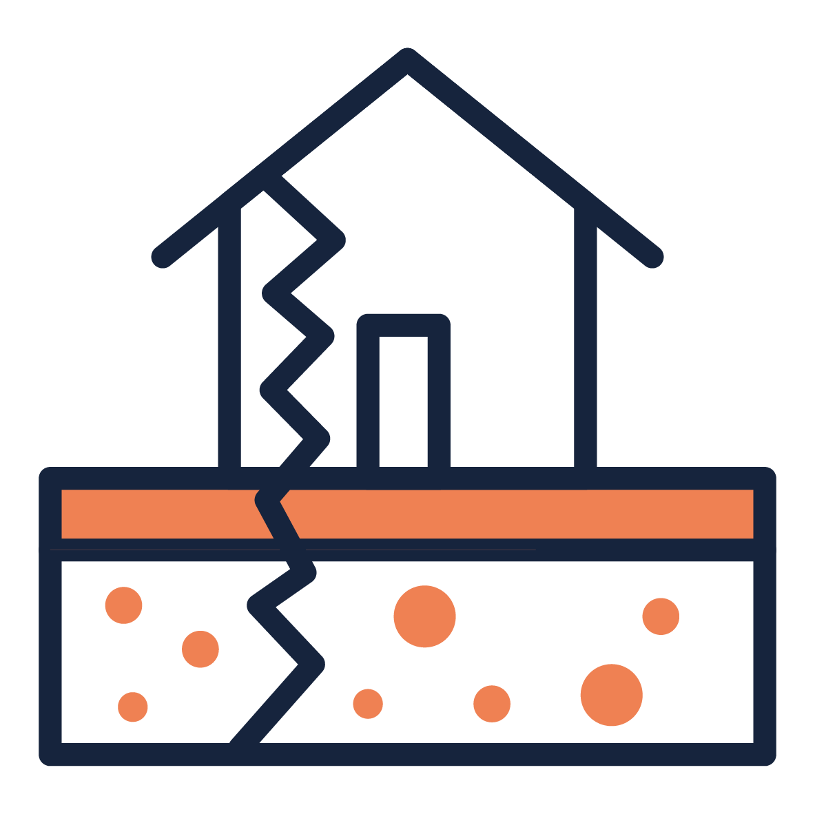 Een huis met een gebarsten muur en een fundering die scheurt, tekenend voor structurele schade of aardbevingsschade.