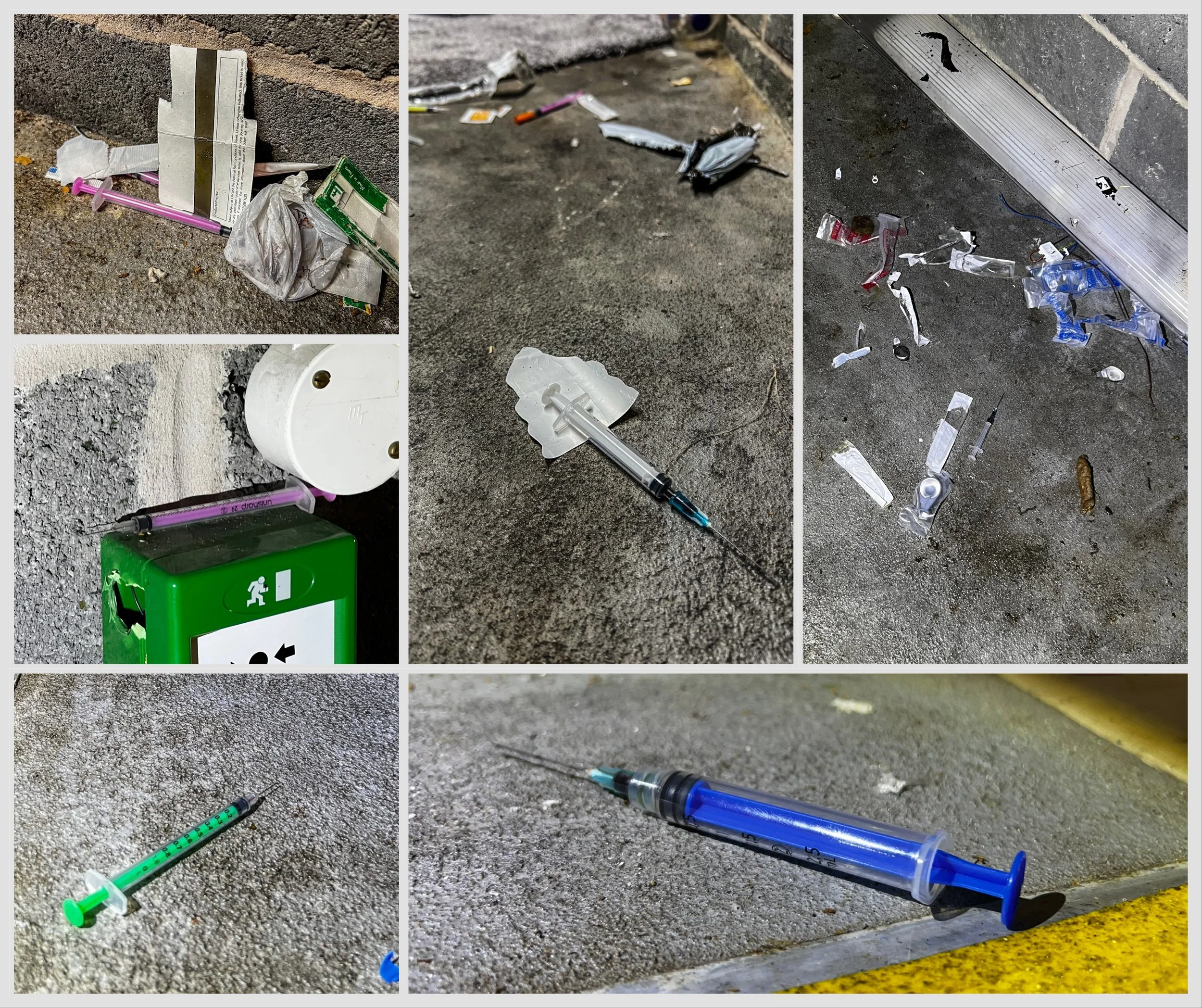 Collage of images showing used syringes, drug paraphernalia, and litter on a concrete floor, including discarded needles, wrappers, and trash.