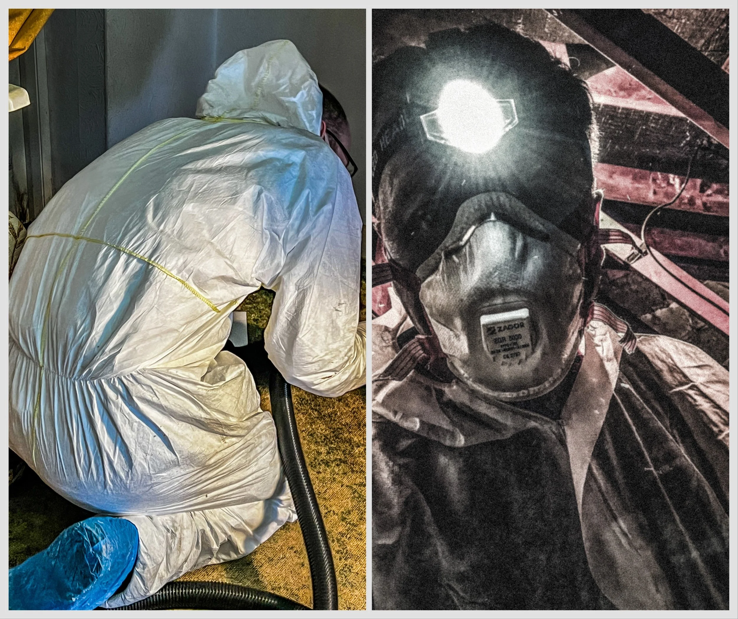 Two images depicting a person in protective gear performing potentially hazardous work. On the left, a person crouches in a white suit and blue shoe covers, using a vacuum cleaner. On the right, a person wearing a face mask and headlamp, possibly working in a confined space.
