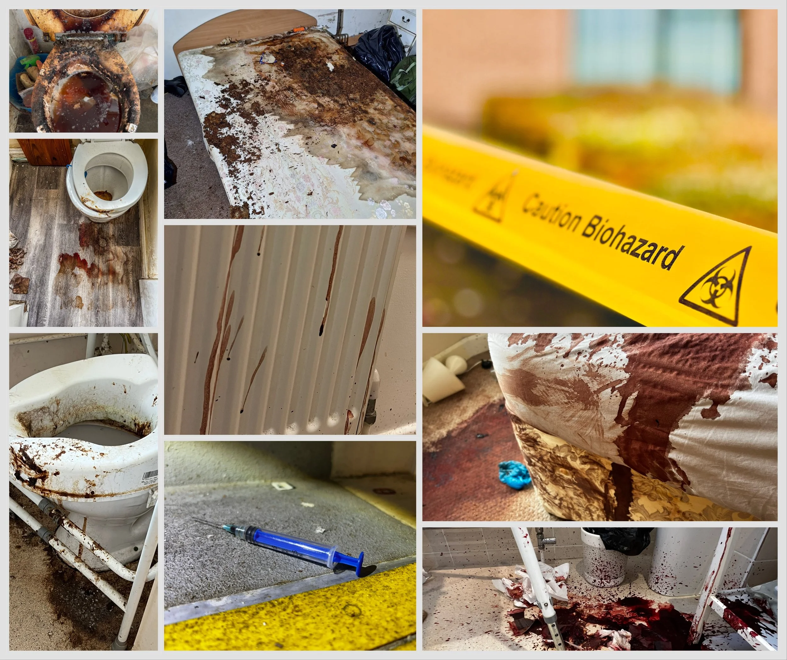 Collage of a severely unclean and biohazardous environment with dirty toilets, stained surfaces, a syringe on the floor, and a caution biohazard sign.