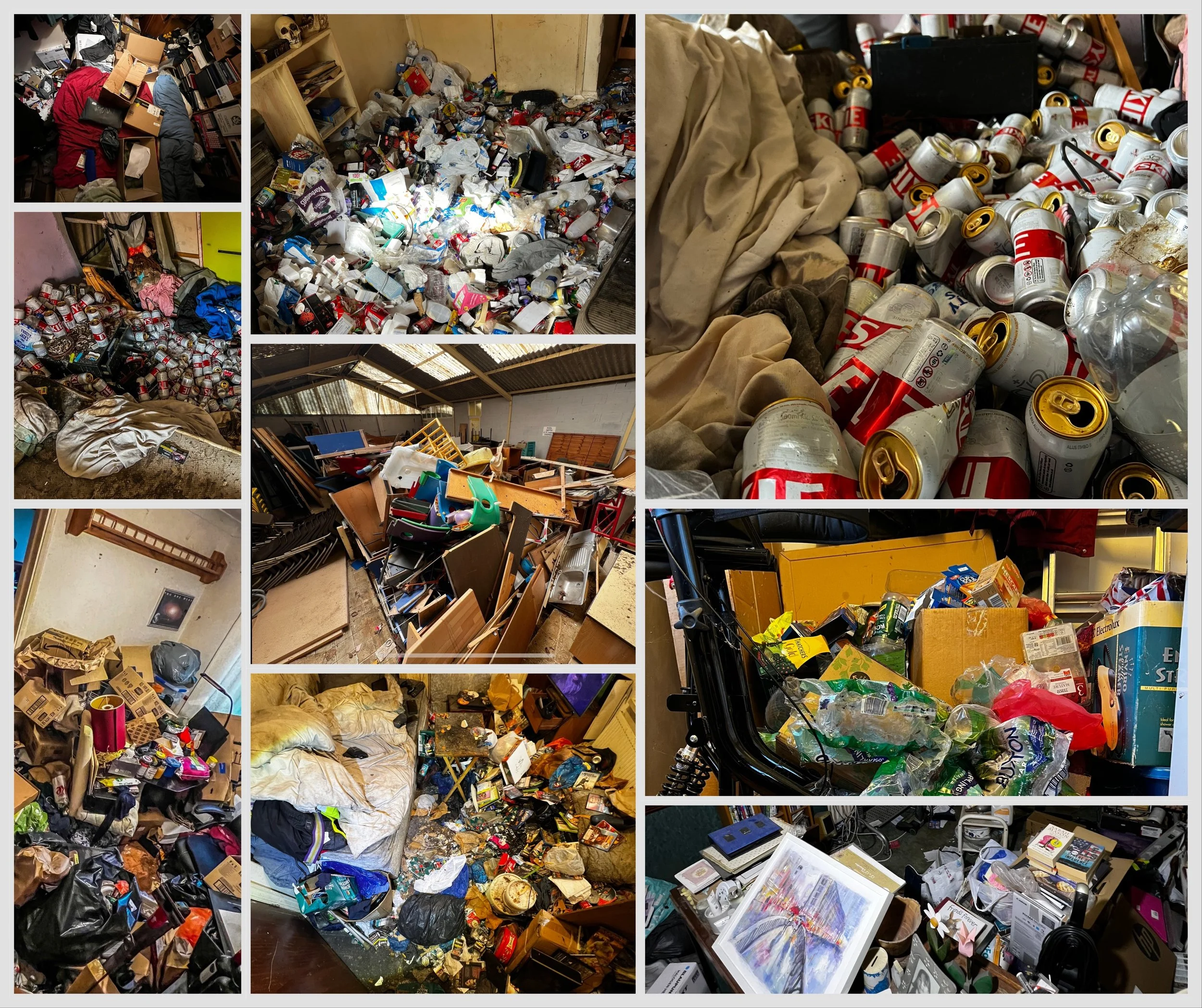 Collage of cluttered and messy interior spaces with trash, boxes, and disorganized items, including empty cans, plastic bottles, and household debris.