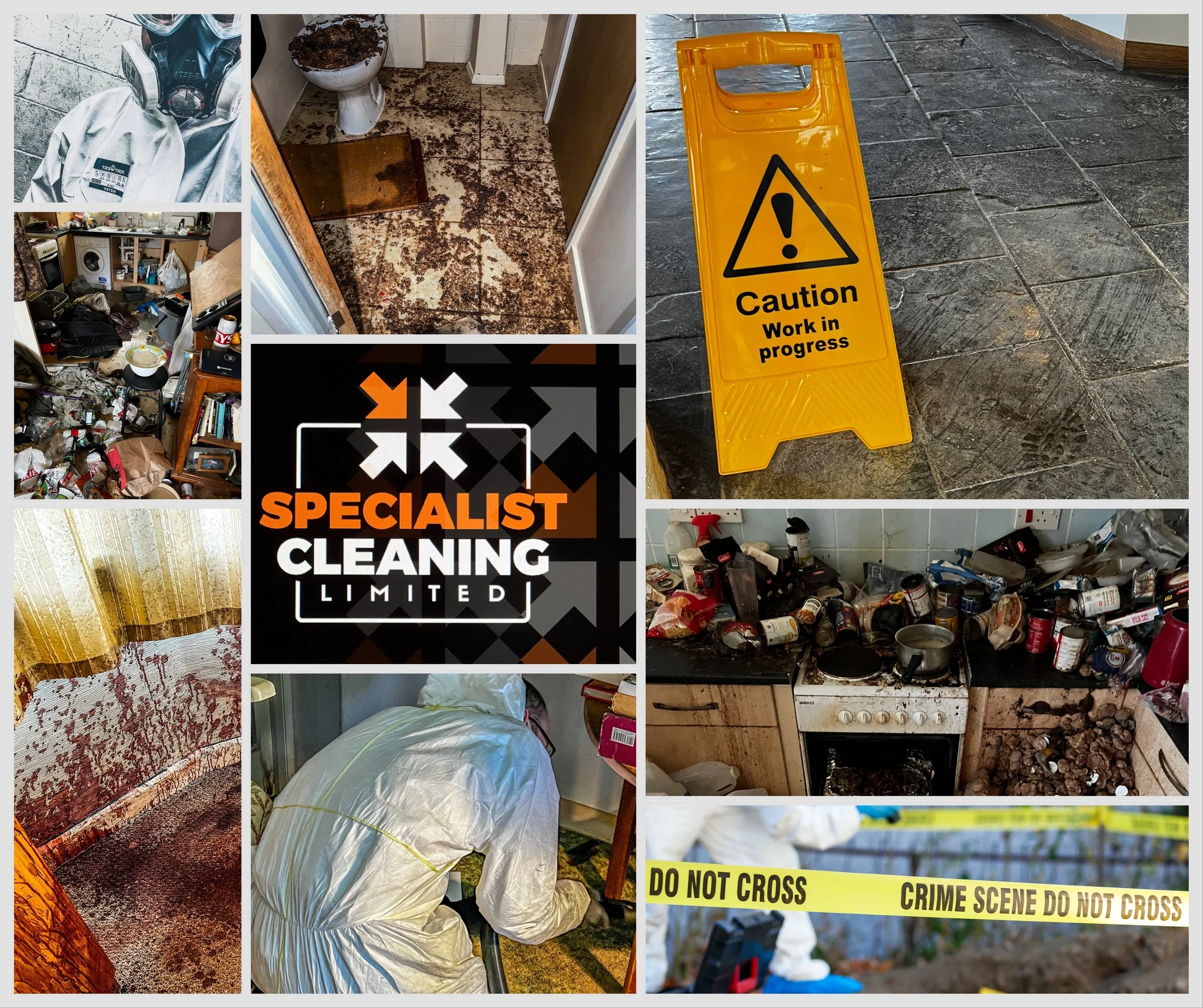 Collage showing cleaning scenes, a cluttered kitchen, biohazard gear, and caution signs, suggesting a specialist cleaning service for severe messes and hoarding situations.