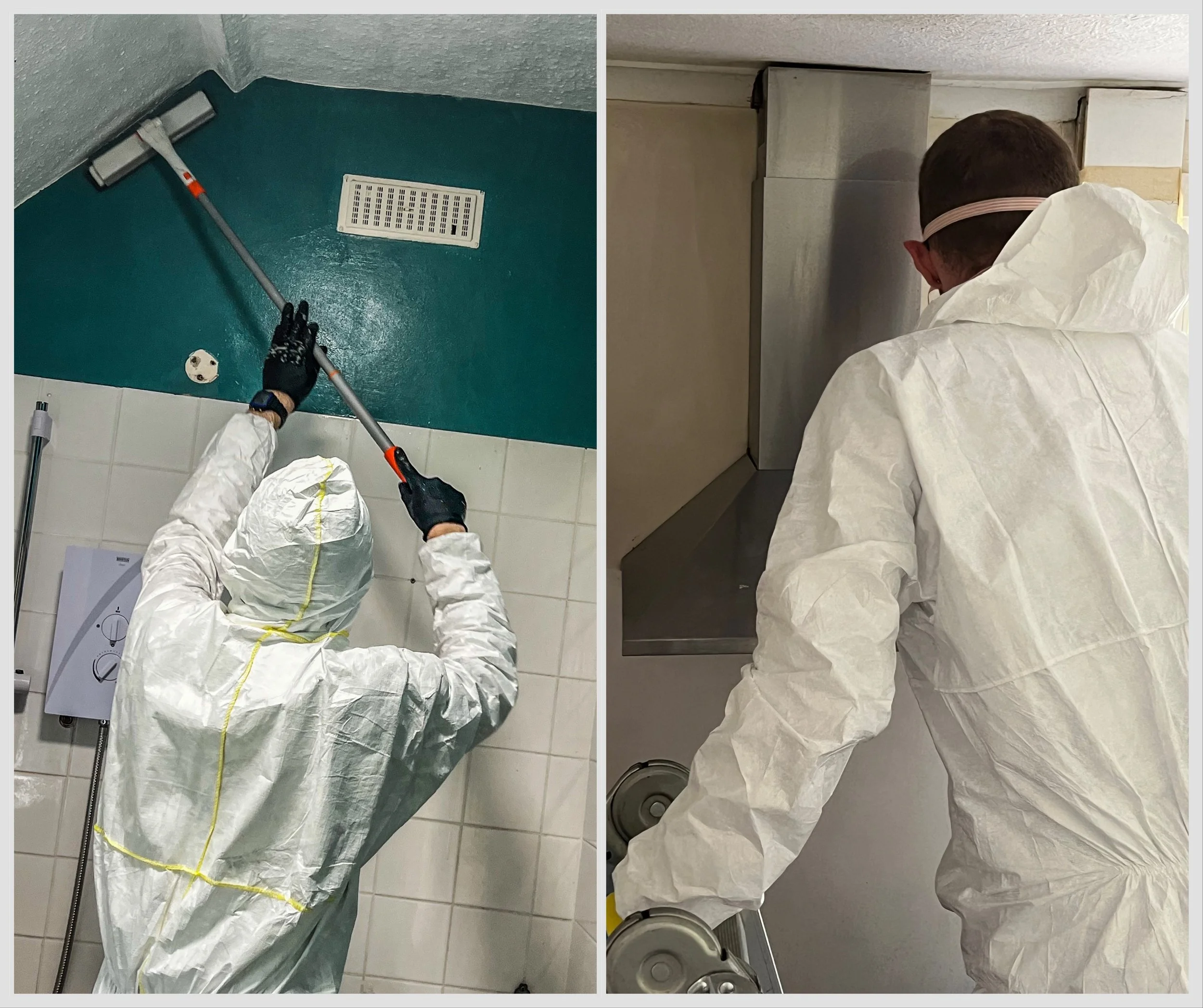 Two people wearing protective suits performing mold remediation; one scrubbing a wall and the other inspecting an area with a vent hood.