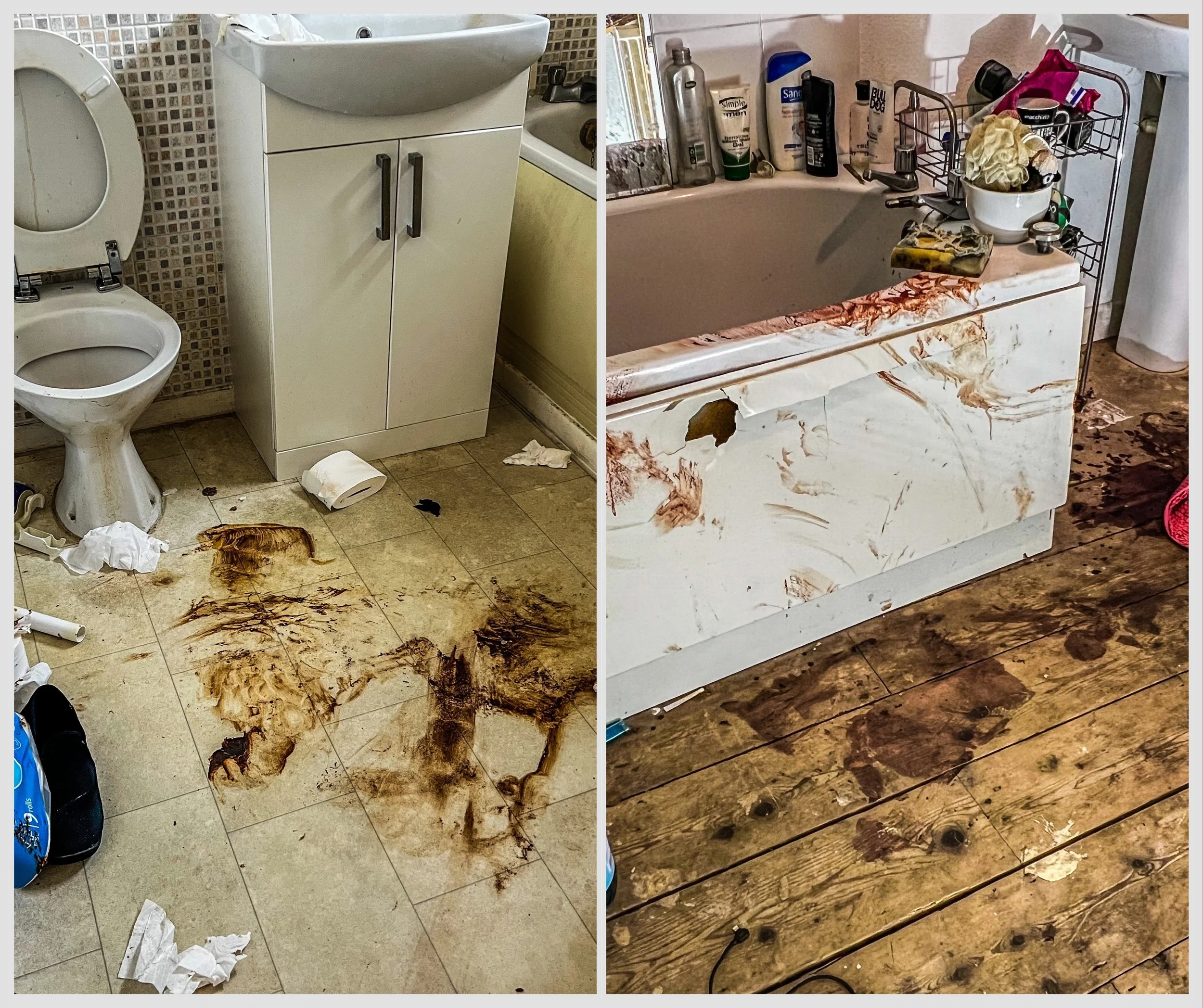 Dirty bathroom with stained fixtures and floors, scattered toilet paper, and toiletries near the bathtub.