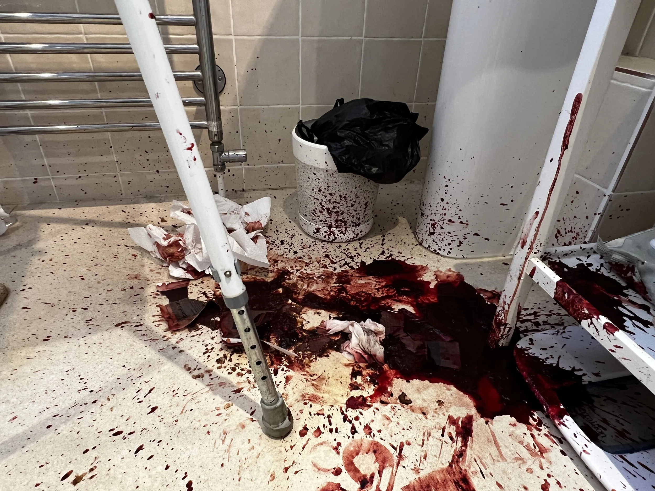 Bathroom floor with red liquid resembling blood, splattered across the tiles, trash can, and surrounding area. Crumpled paper towels and a white cane are present.