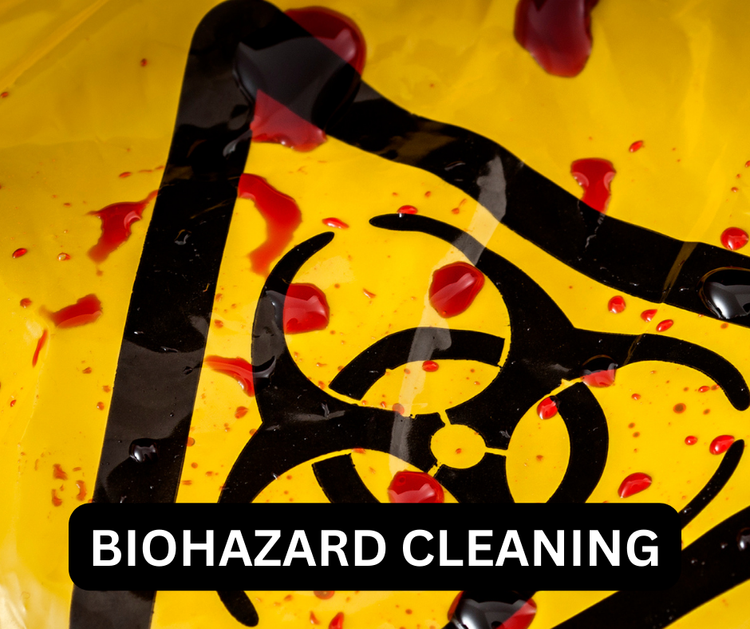 Biohazard symbol on yellow background with red liquid splatters and text "Biohazard Cleaning."