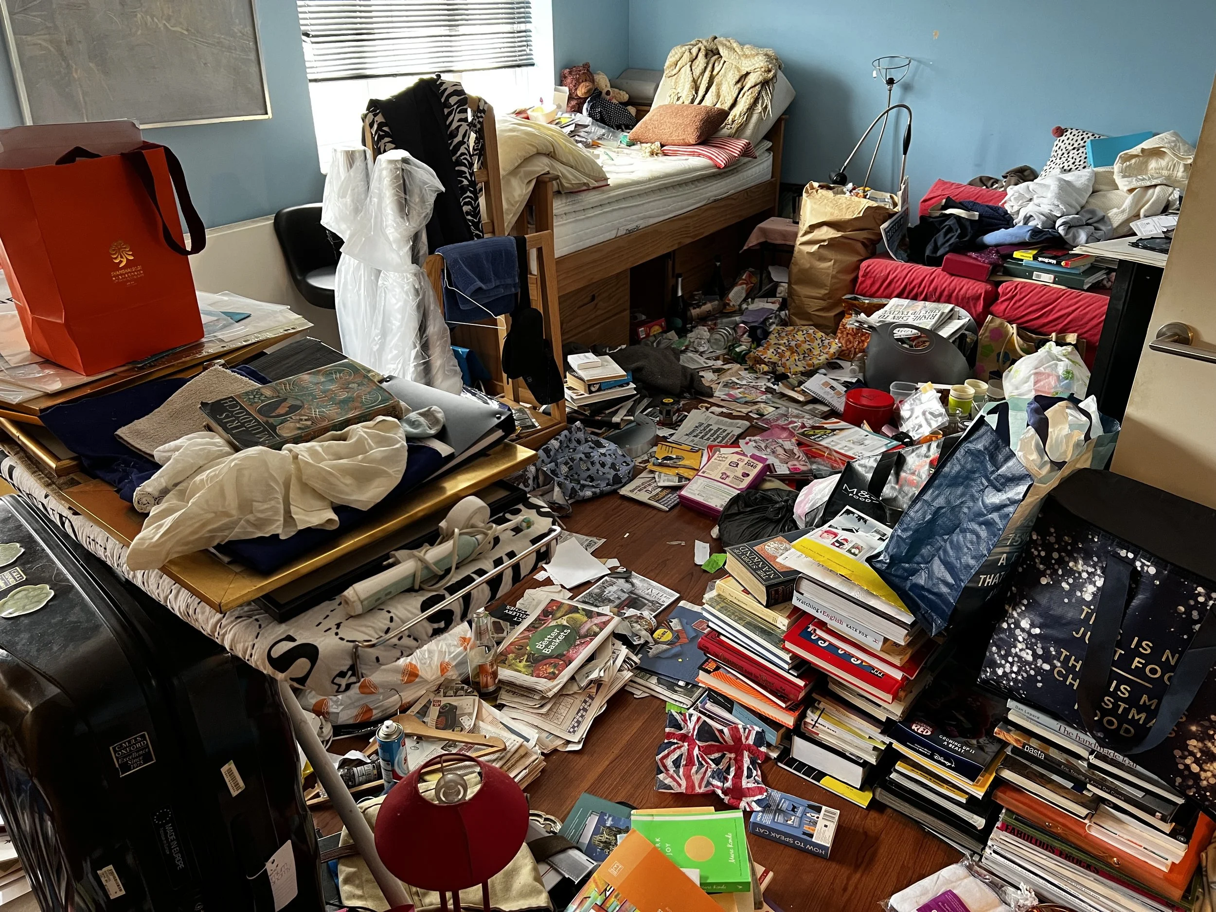 Cluttered room with scattered books, clothes, and bags on the floor and bed.