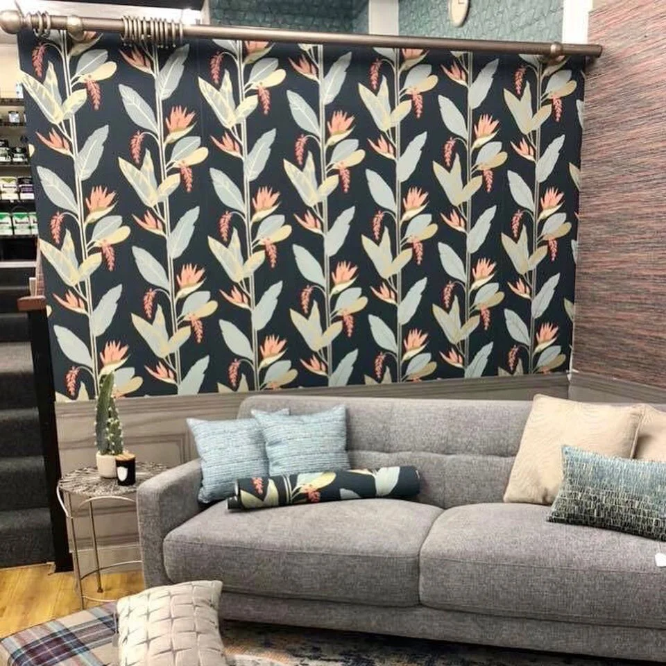Llenya Ink/Coral/Seaglass 112236 from @harlequinfw Mirador Collection makes for an impactful and organic look. On show at @warwickinteriors