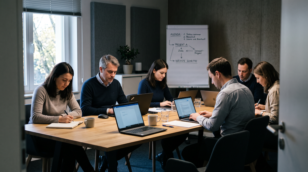 Gruppe von Menschen sitzen im Arbeitskontext müde an einem Tisch - mit ihren Laptops. Im Hintergrund ist eine Plipchart, auf welcher ein Veränderungsprozess skizziert ist.