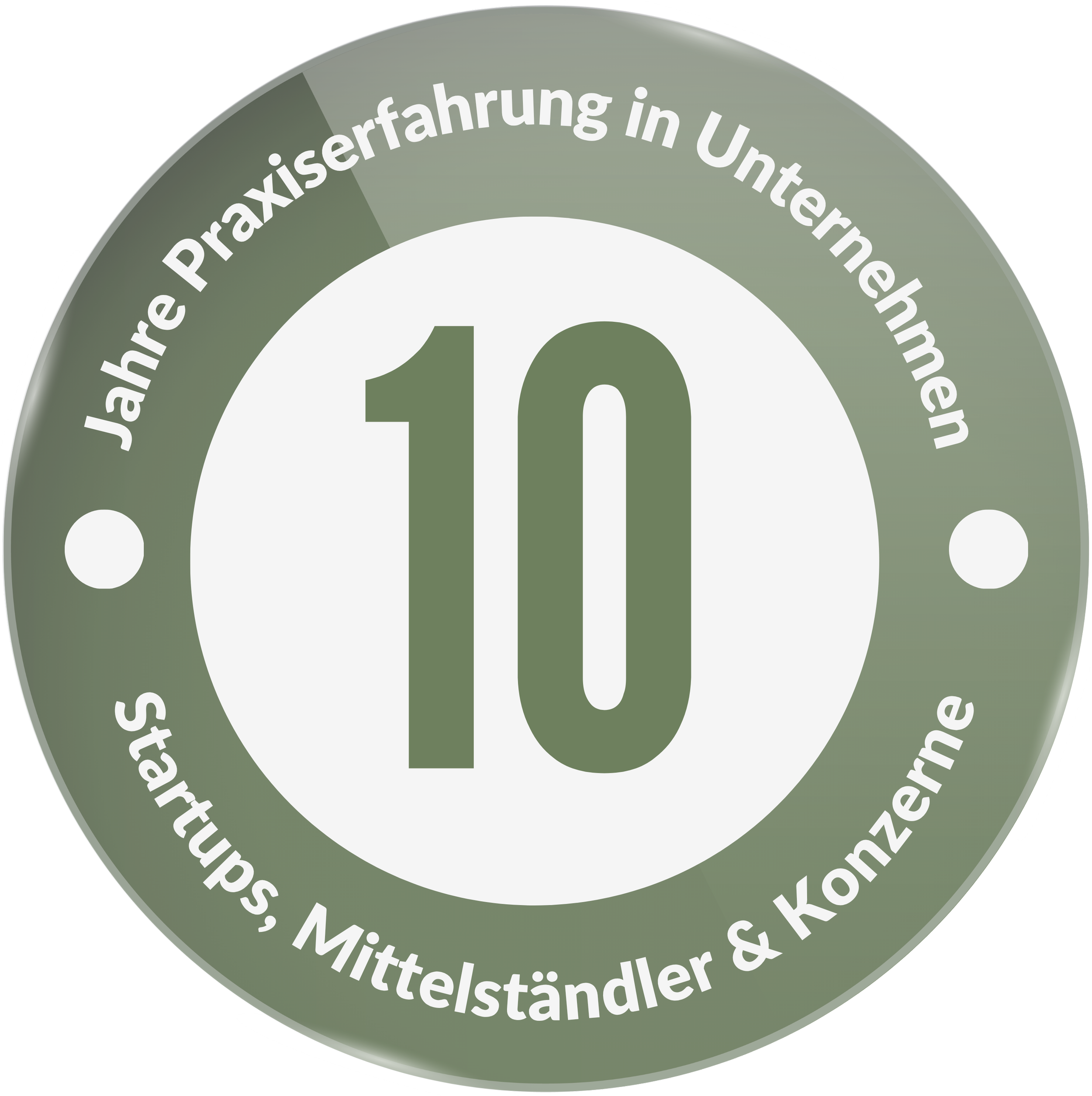 Grünes Siegel mit der Beschriftung "10 Jahre Praxiserfahrung in Unternehmen - Startups, Mittelständler & Konzerne"