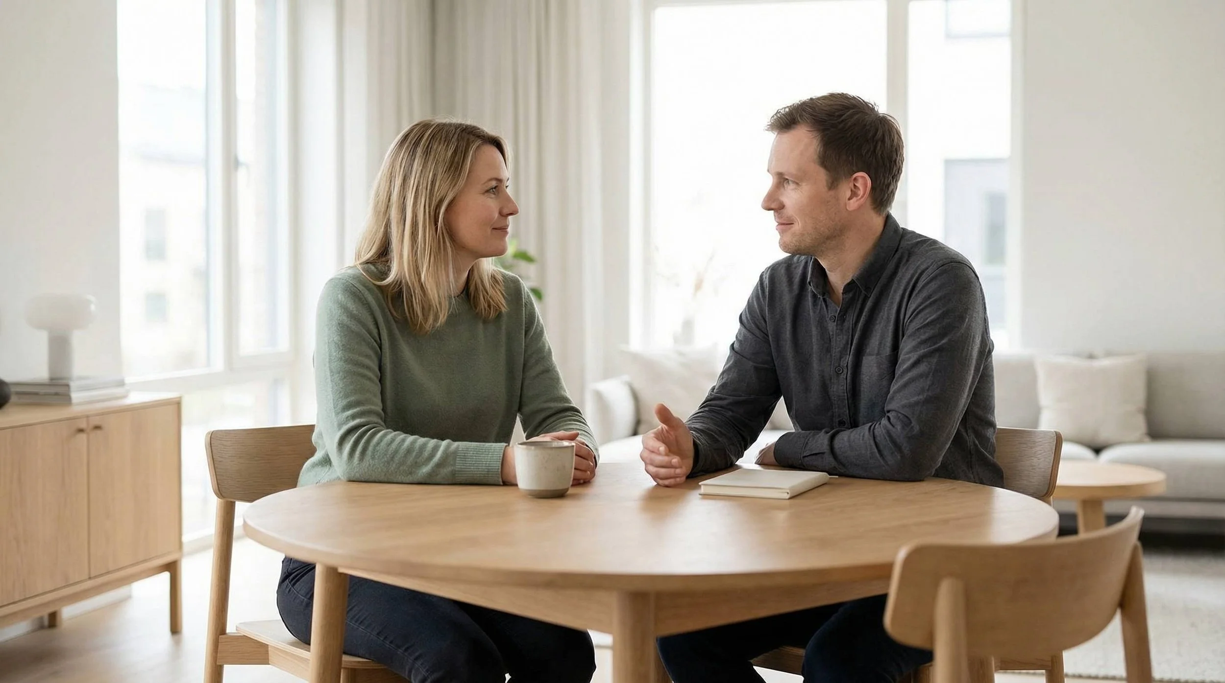 Weiße Frau und weißer Mann sitzen sich an einem Tisch gegenüber und führen ein ruhiges, aufmerksames Gespräch in einem hellen, modernen Raum – Darstellung zwischenmenschlicher Kommunikation und Dialog.