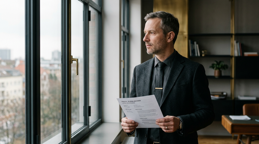 Führungskraft hält nachdenklich ein Persönlichkeitsprofil in der Hand, ruhiges Fensterlicht